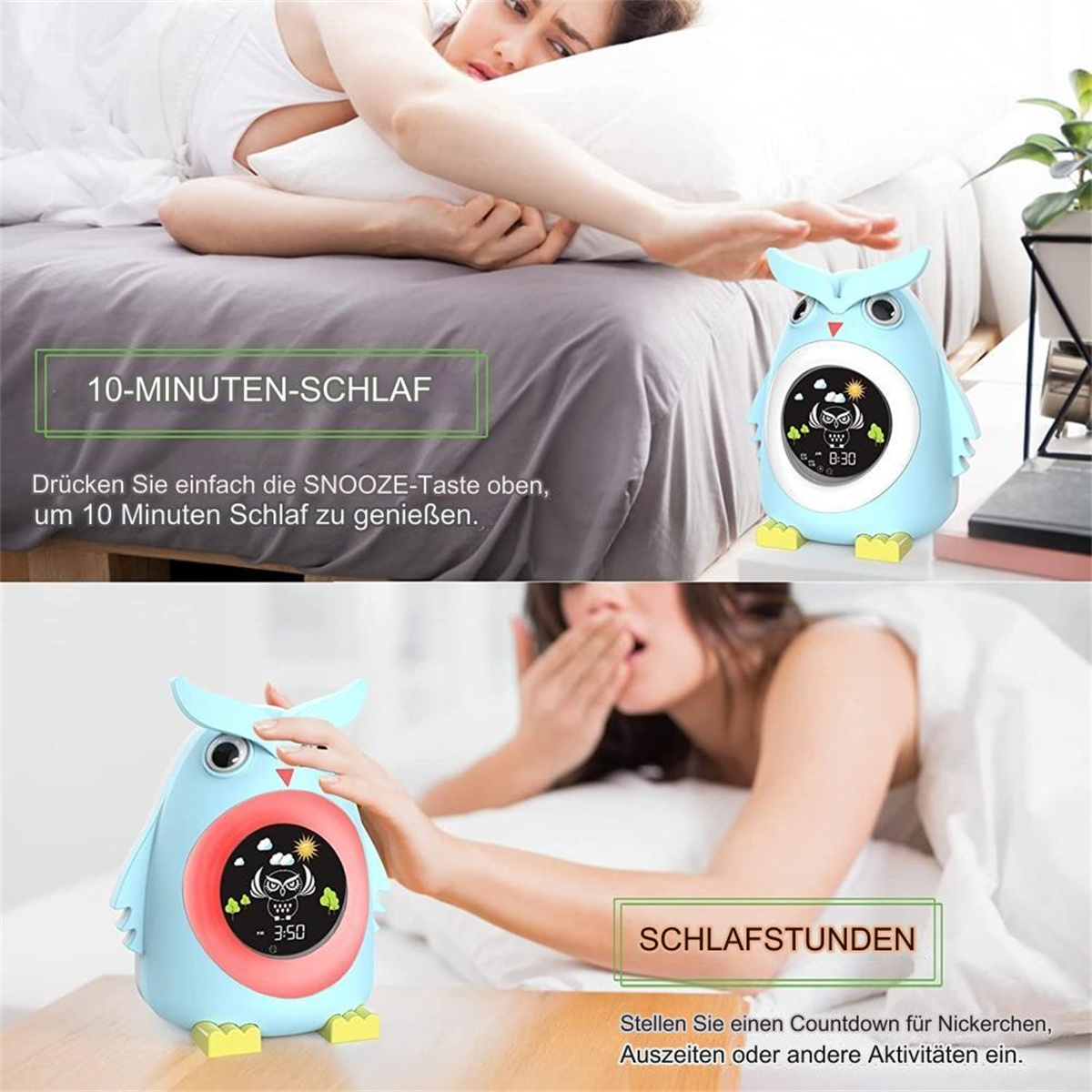 Zwei Bilder eines Eulen-Weckers. Eines zeigt eine Frau im Bett, das andere die Uhr.