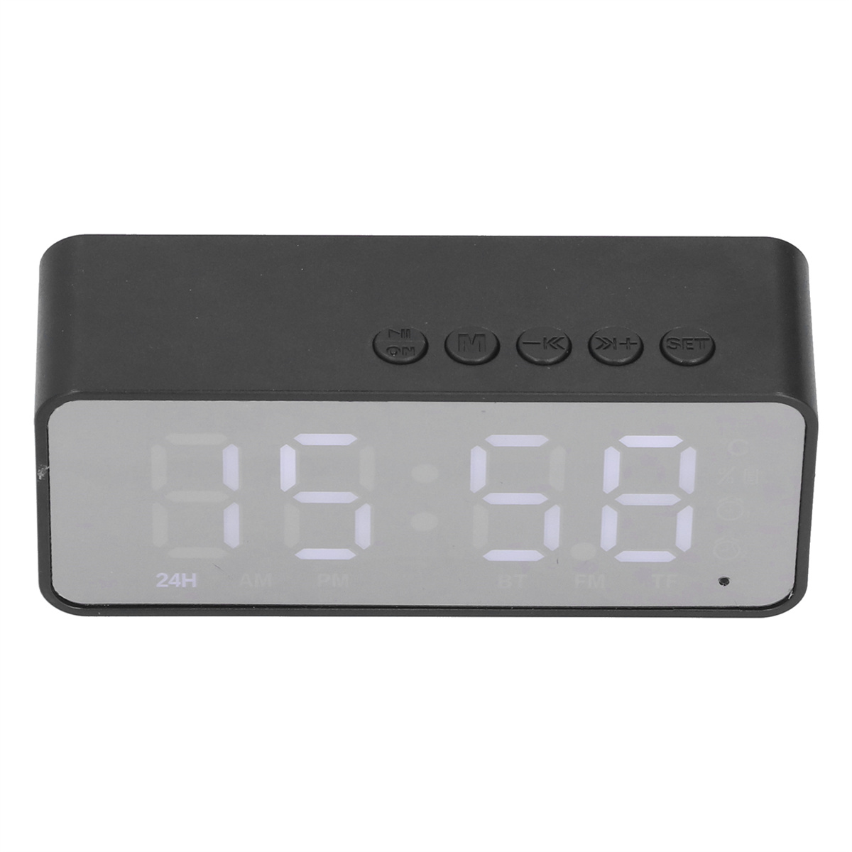 Eine schwarze Digitaluhr zeigt 05:58 in weißen Ziffern an. Oben befinden sich Knöpfe und unten Etiketten.