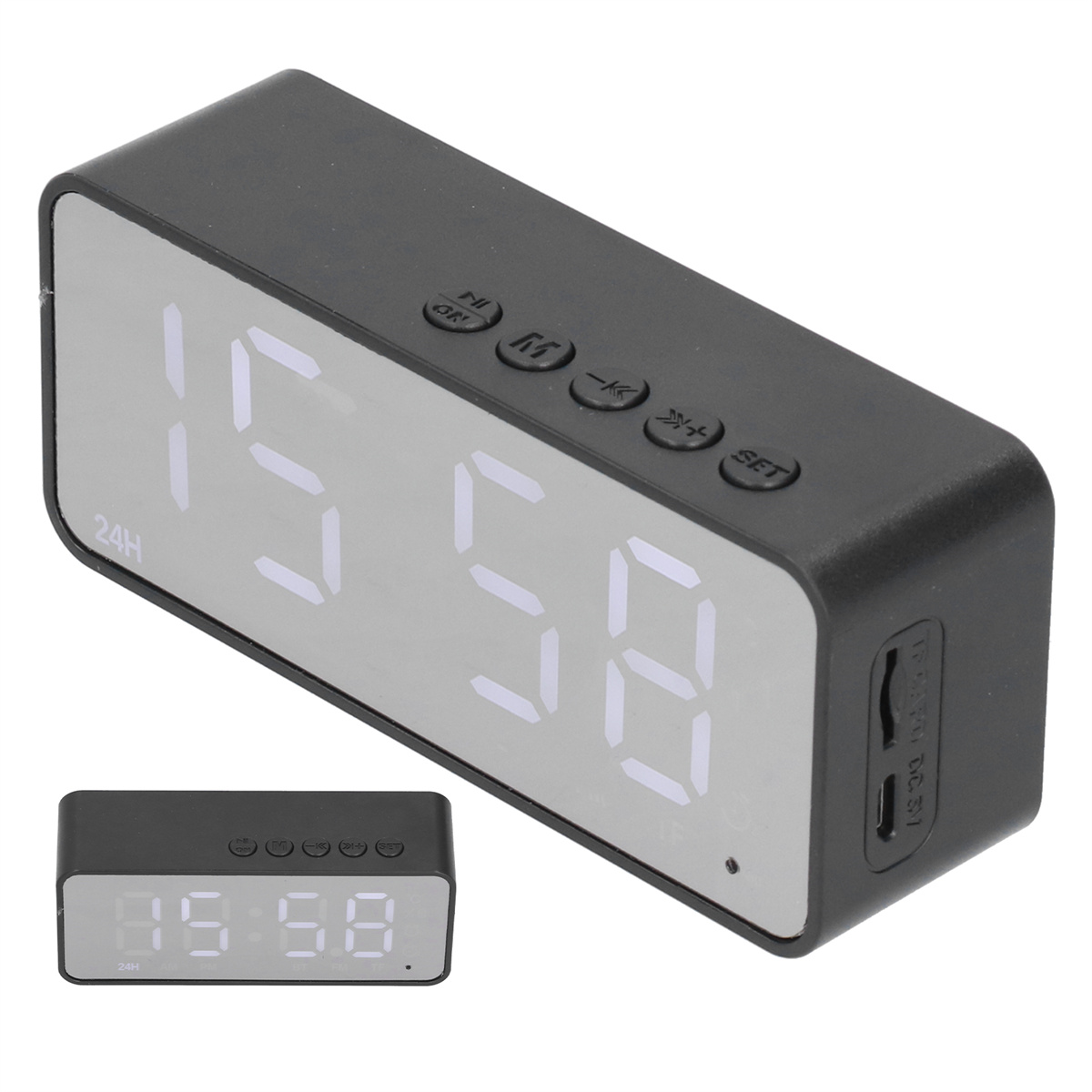 Schwarze rechteckige Digitaluhr mit weißen Zahlen. Kleinere Uhr zeigt die Zeit.