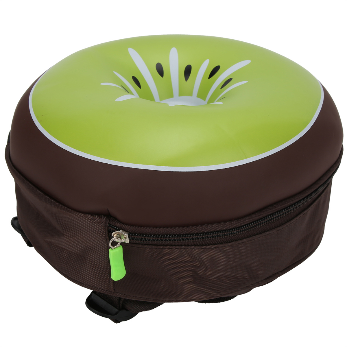 Kiwi-Rucksack, grüner Kiwi-Deckel auf brauner Tasche mit grünem Reißverschluss.