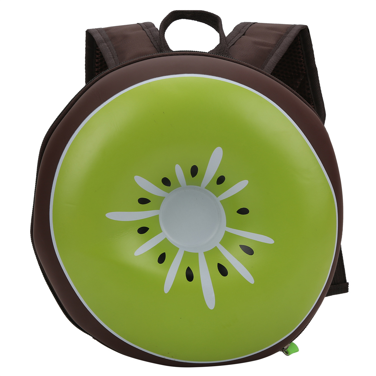 Rucksack in Kiwi-Form mit grünem Kiwi-Scheiben-Design auf der Vorderseite.