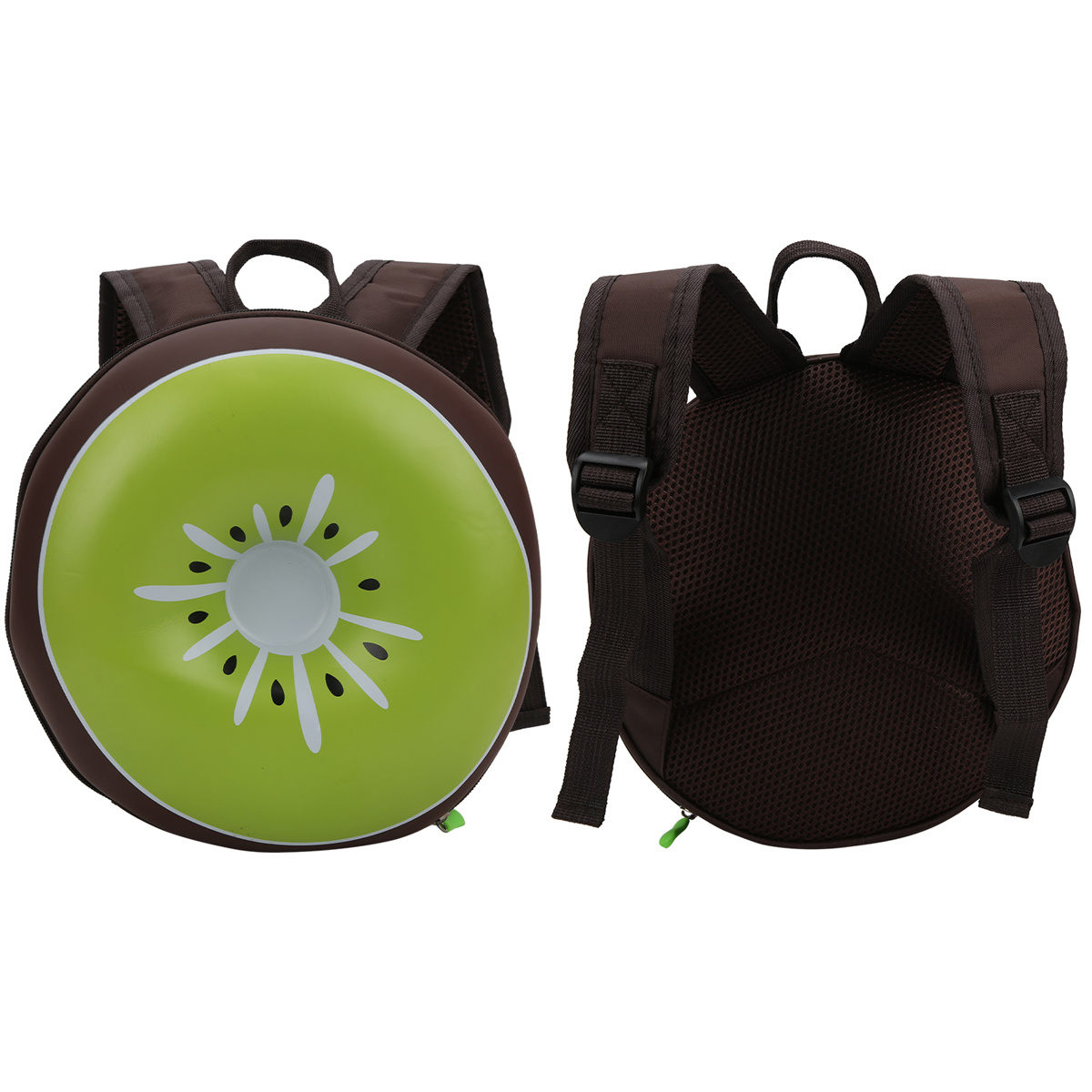 Kiwi-Rucksack. Braun und grün. Vorne ist eine Kiwischeibe abgebildet. Hinten sind braune Träger und ein Mesh-Rückenteil.