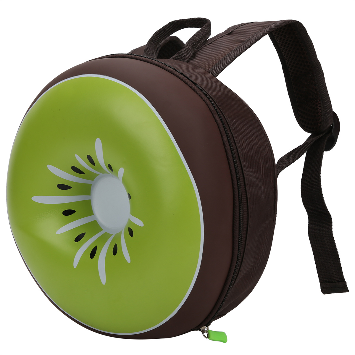 Ein kiwi-förmiger Rucksack mit grüner Vorderseite und braunen Seiten. Grüner Reißverschluss.