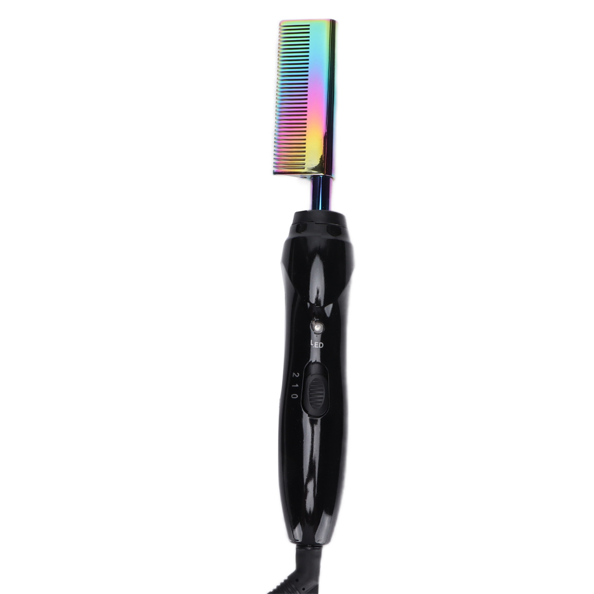 Schwarzer Haarglätter mit regenbogenfarbigem Kamm. Steuerung mit den Einstellungen 2 und 1.