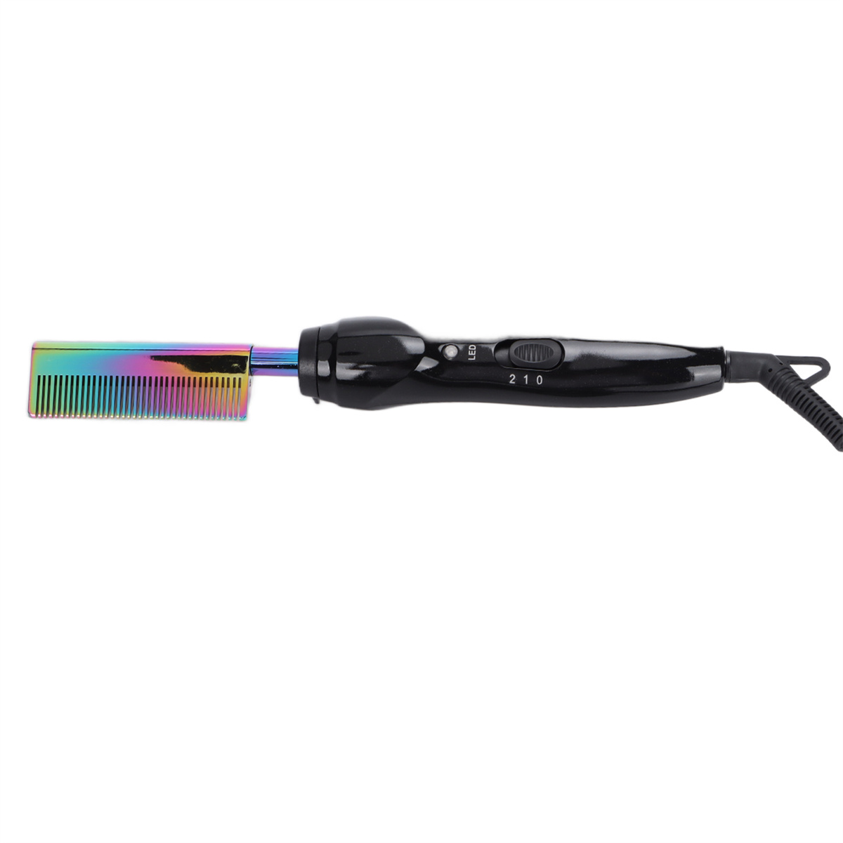 Ein schwarzer Haarglättungskamm mit einem regenbogenfarbenen Kamm. Er hat einen schwarzen Griff.