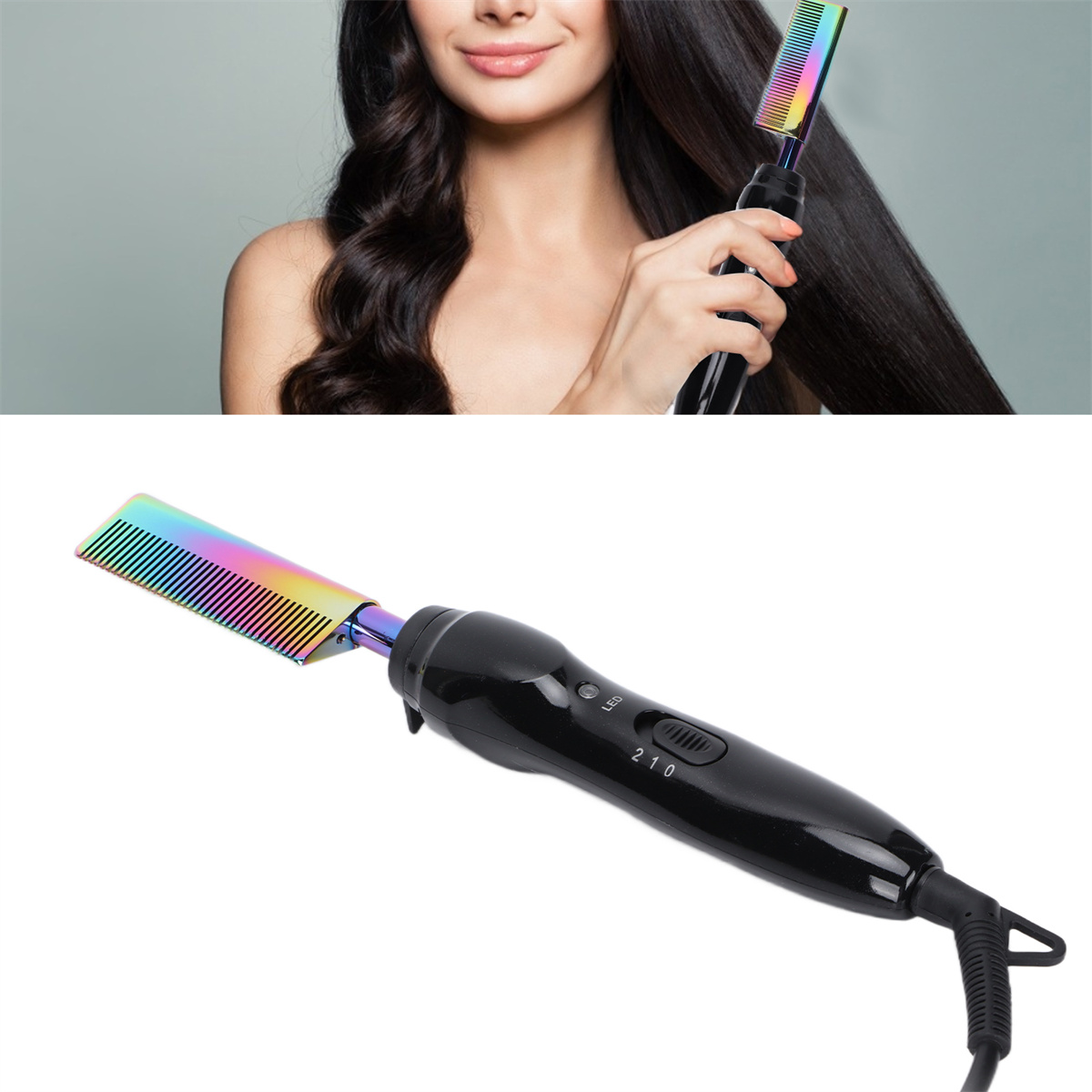 Frau hält Haarkamm, mit Kamm und Haarglätter.