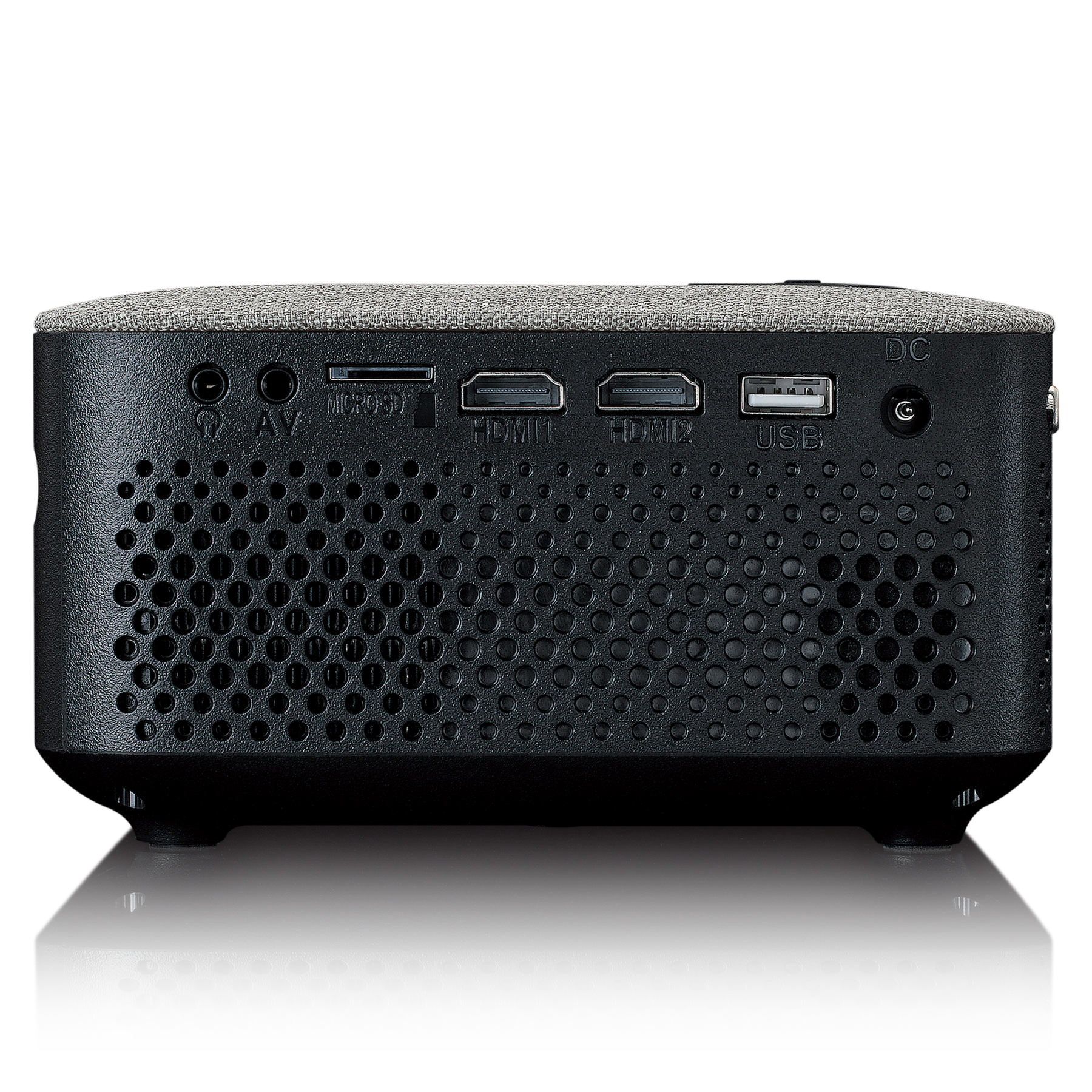 Czarny projektor z wieloma portami z tyłu, w tym HDMI i USB, oraz głośnikiem.