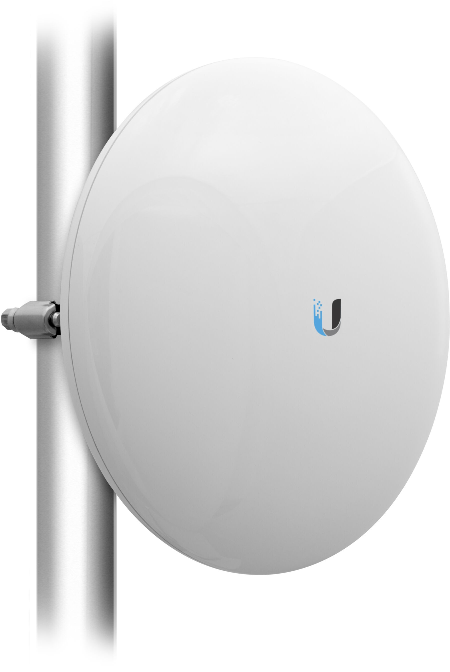 Weiße kreisförmige Antenne an einem Mast zur drahtlosen Kommunikation.
