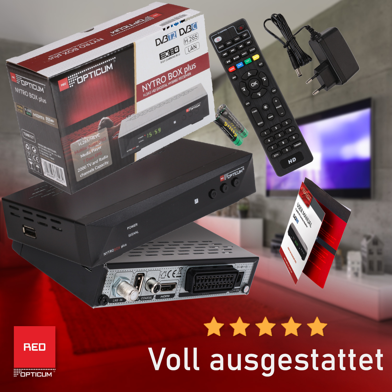 TV-Receiver, Box, Fernbedienung und Zubehör. Box zeigt Produktnamen.