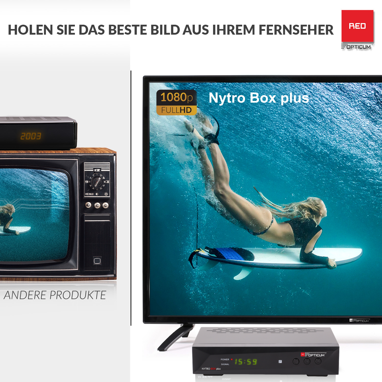 Fernseher und eine Set-Top-Box mit deutschem Text. Eine Frau surft auf dem Bildschirm.