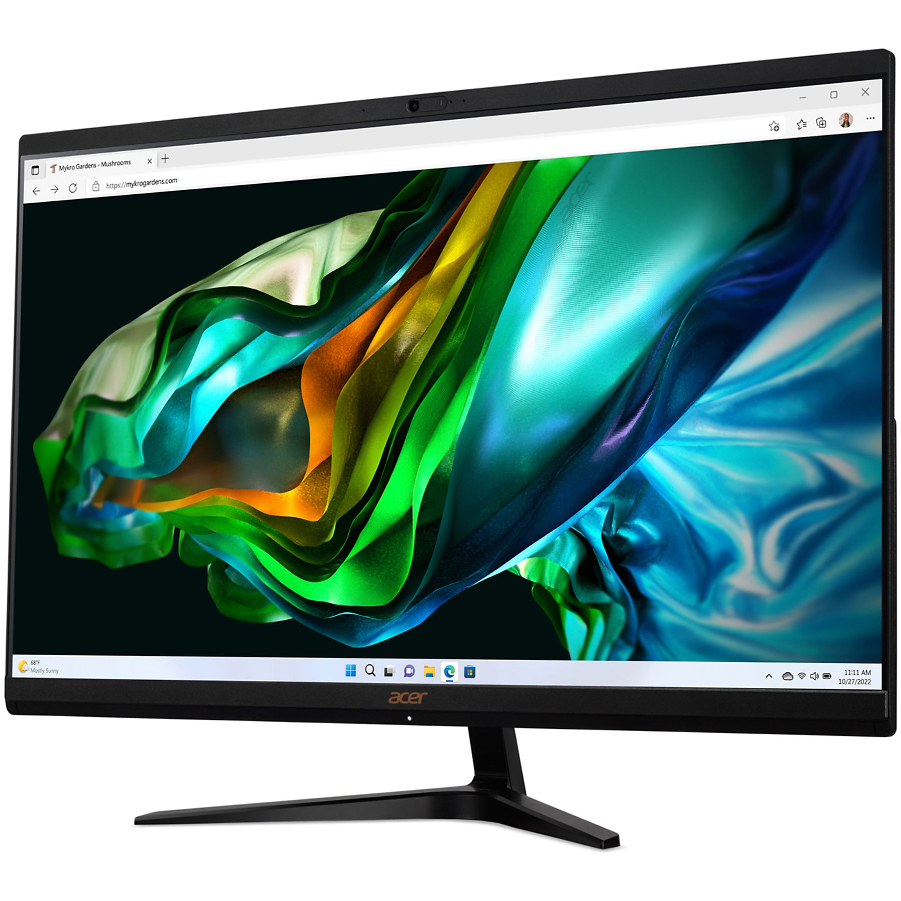 Czarny monitor Acer wyświetla stronę internetową z kolorową sztuką abstrakcyjną. Czarna podstawa i cienka ramka. Kamera internetowa u góry.