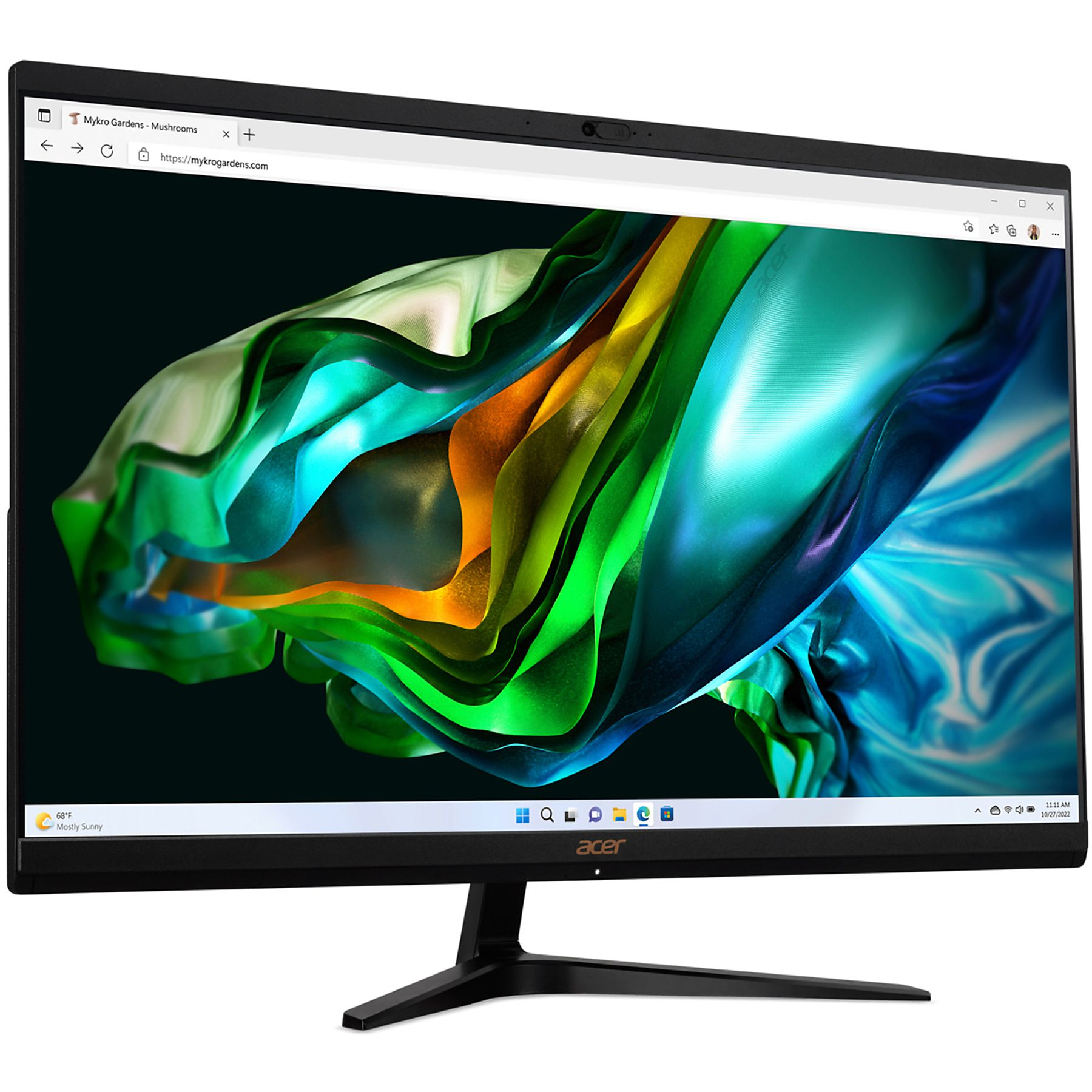 Czarny monitor Acer wyświetlający kolorowy abstrakcyjny obraz. Monitor ma czarną podstawę.