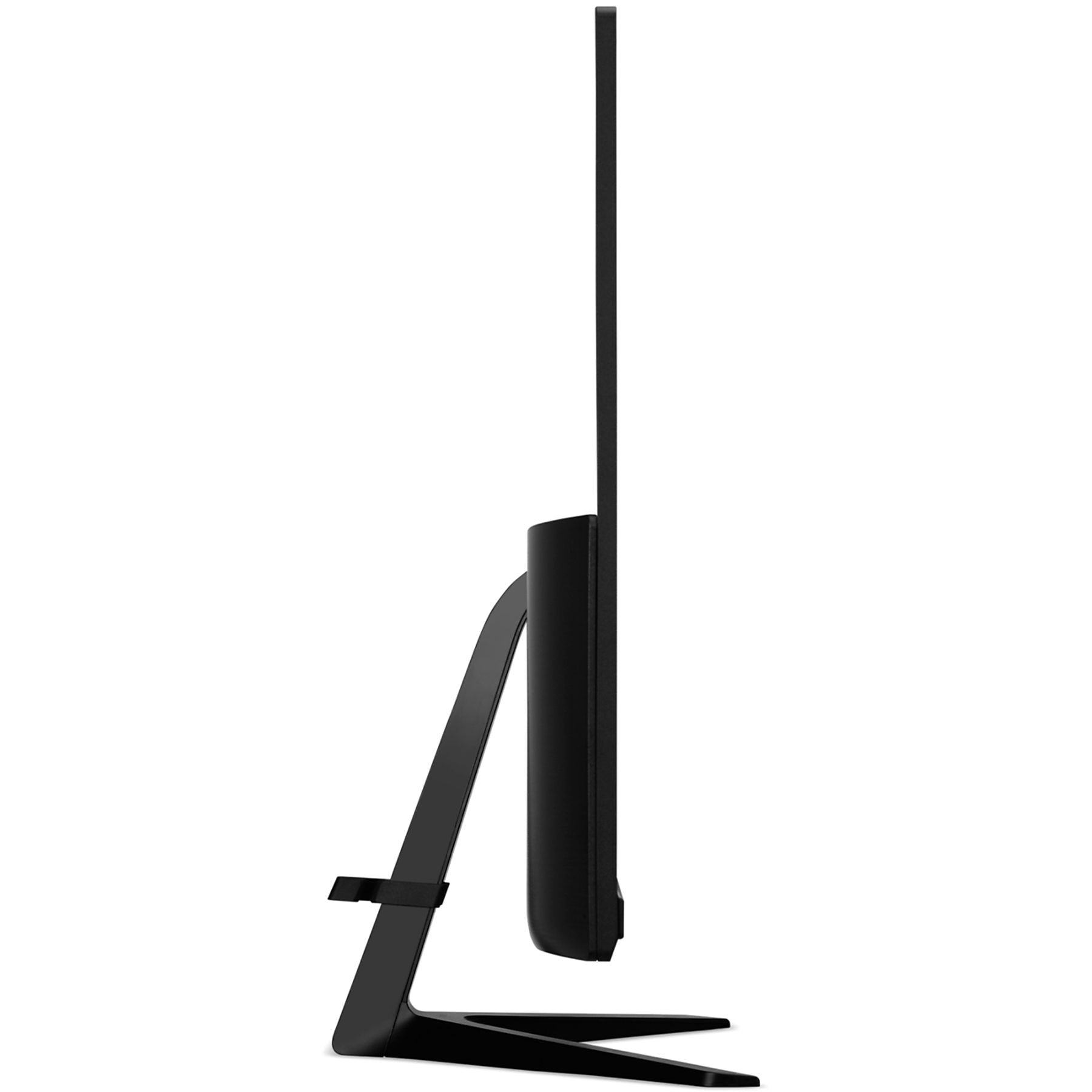 Czarny monitor komputera, widok z boku, z czarną podstawą na białym tle.