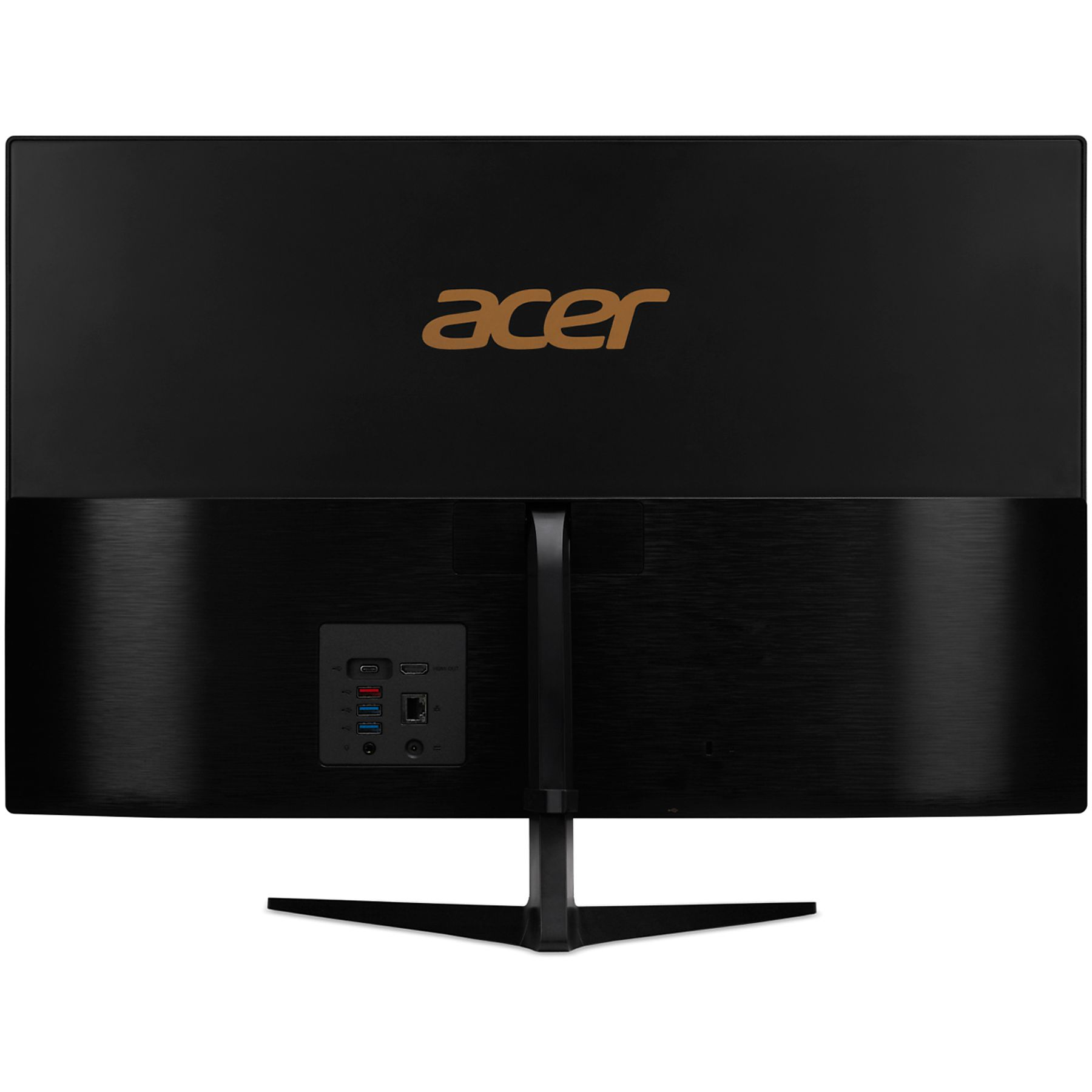 Czarny tył monitora. Posiada logo Acer, porty i podstawkę.