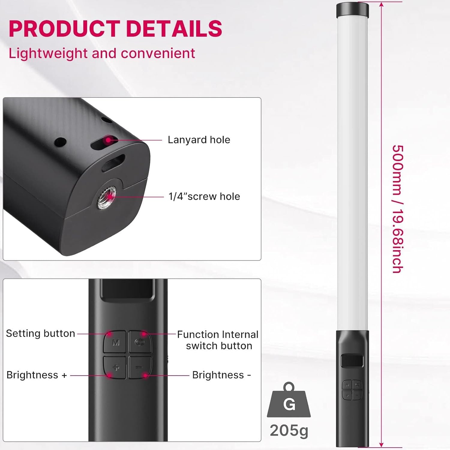 Podświetlony pałeczka świetlna ze szczegółami produktu, w tym otworem na smycz i przyciskami.