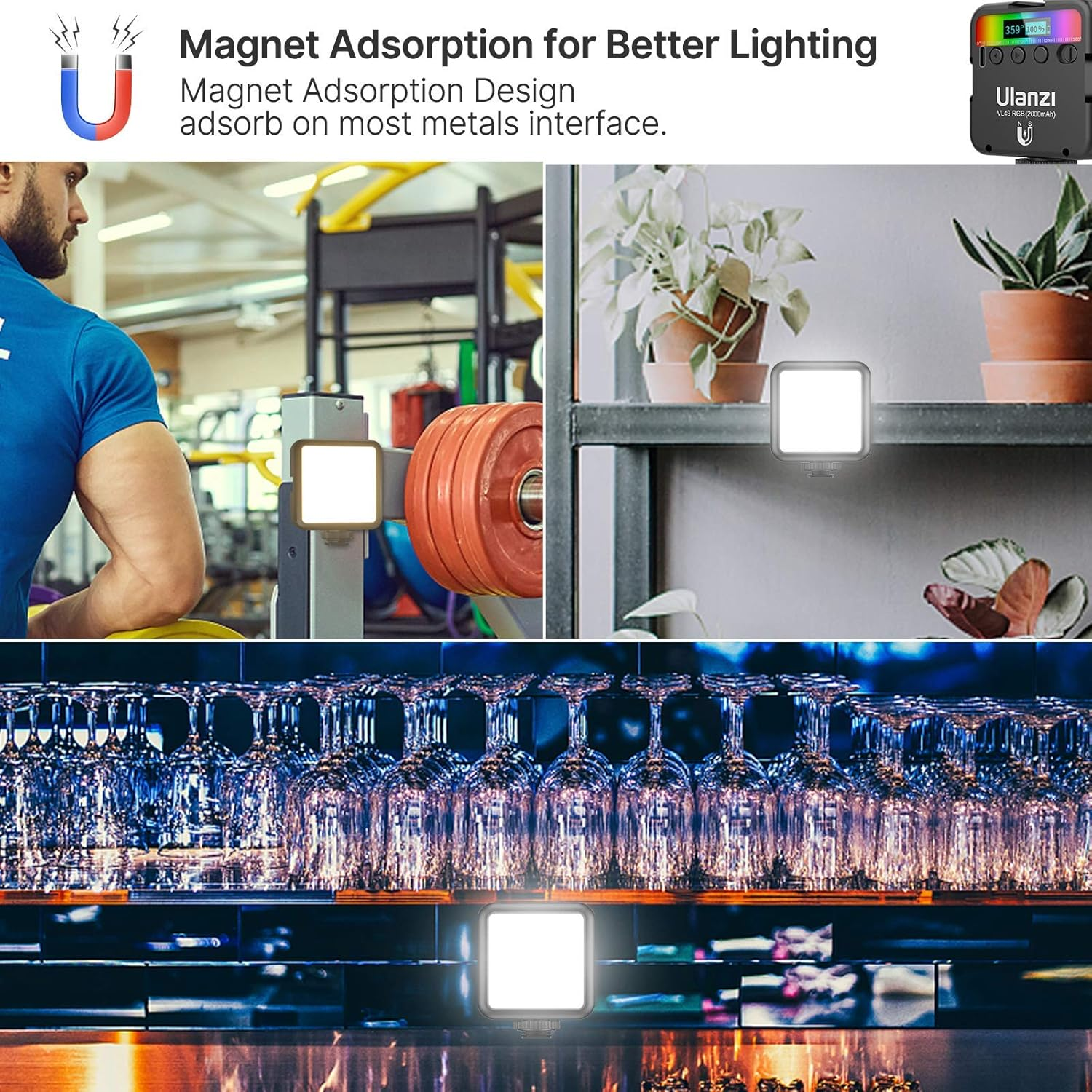 Mężczyzna w pobliżu sprzętu do ćwiczeń, ze światłami na metalowym stojaku i szklankami na drążku. Koncepcja magnesu.