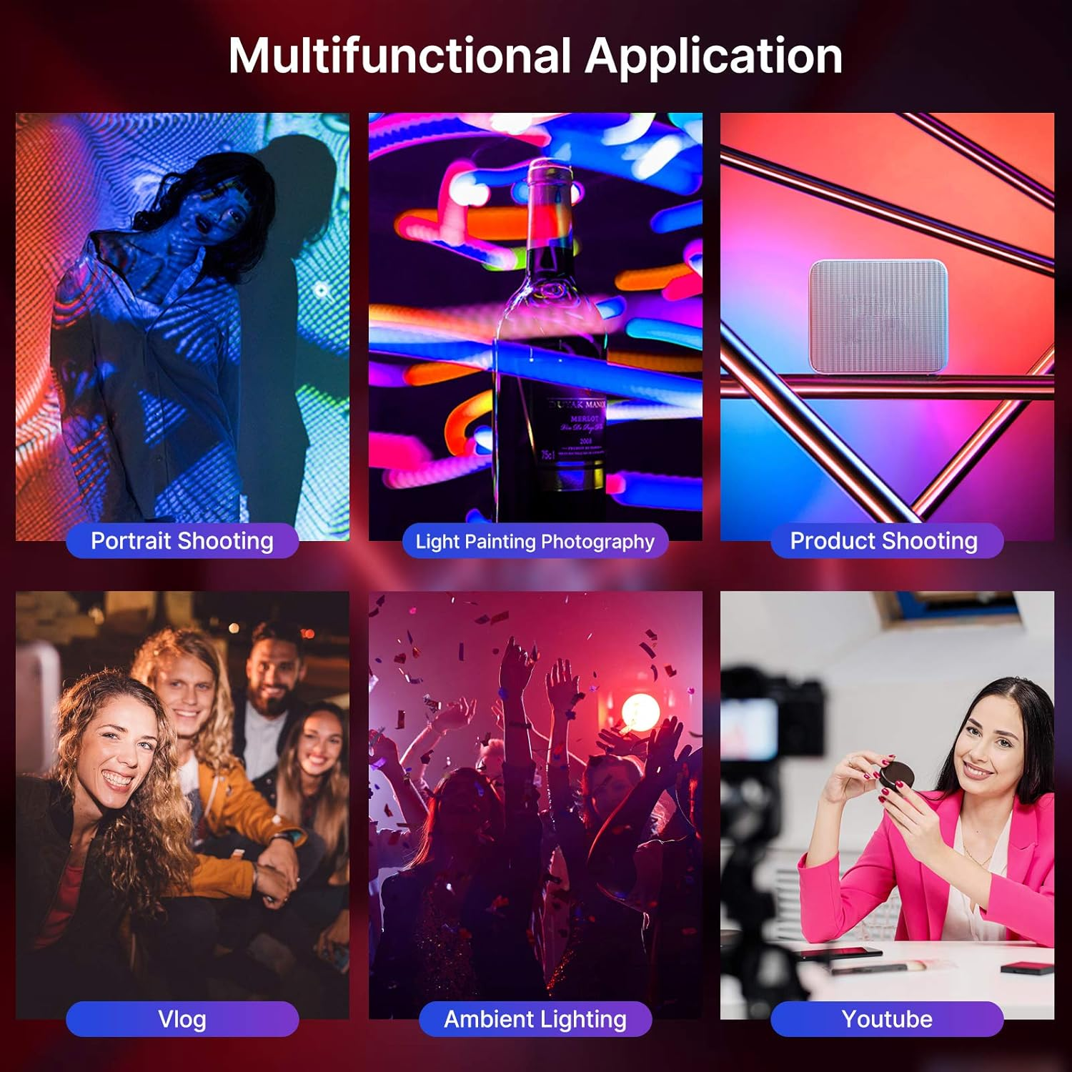 Obrazy przedstawiające różne zastosowania: fotografia portretowa, malowanie światłem, vlogowanie, oświetlenie otoczenia.