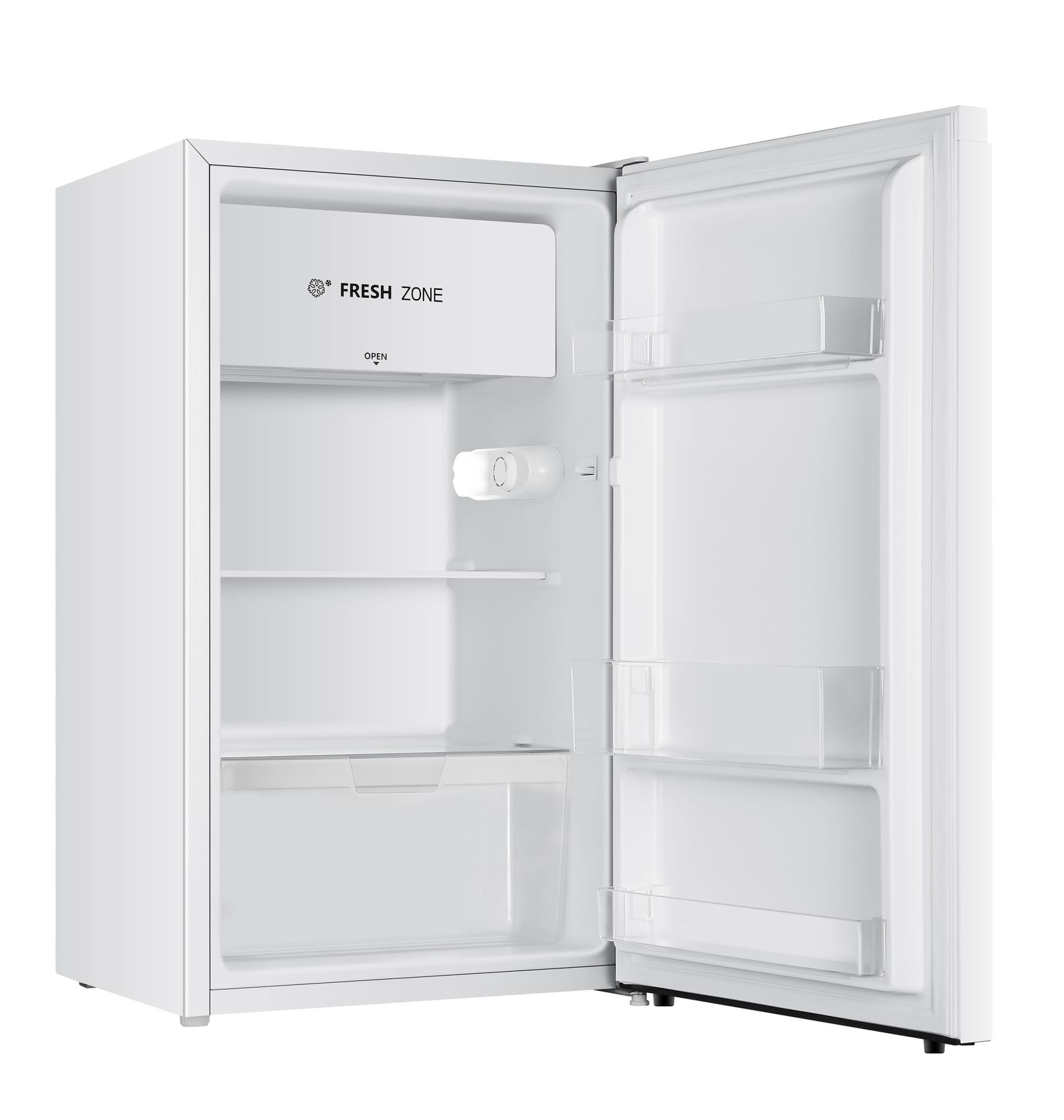 Ein weißer Kühlschrank mit geöffneter Tür, der Regale und ein Frischfach zeigt.