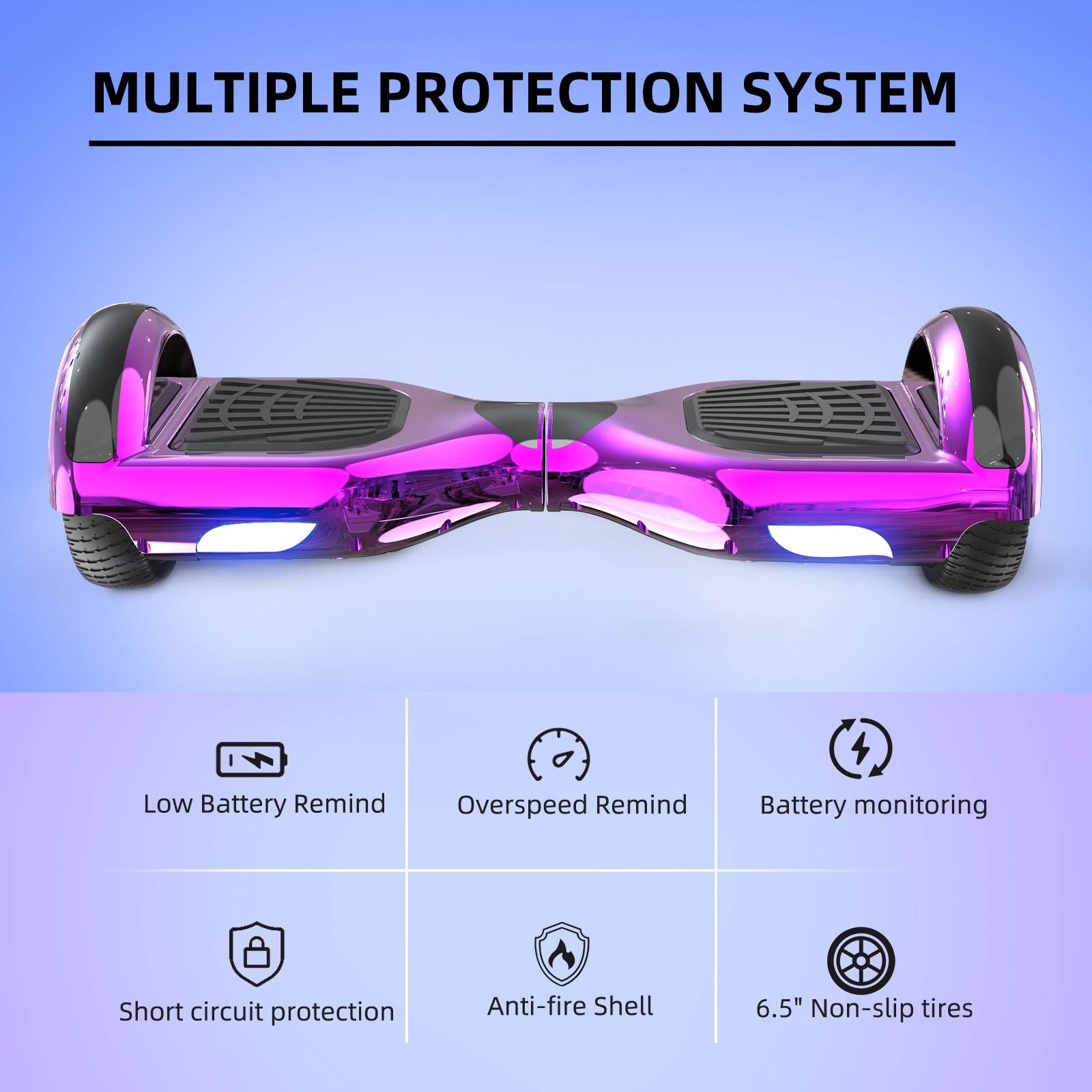 Lila Hoverboard mit Sicherheitssymbolen, auf Gradienten-Hintergrund.