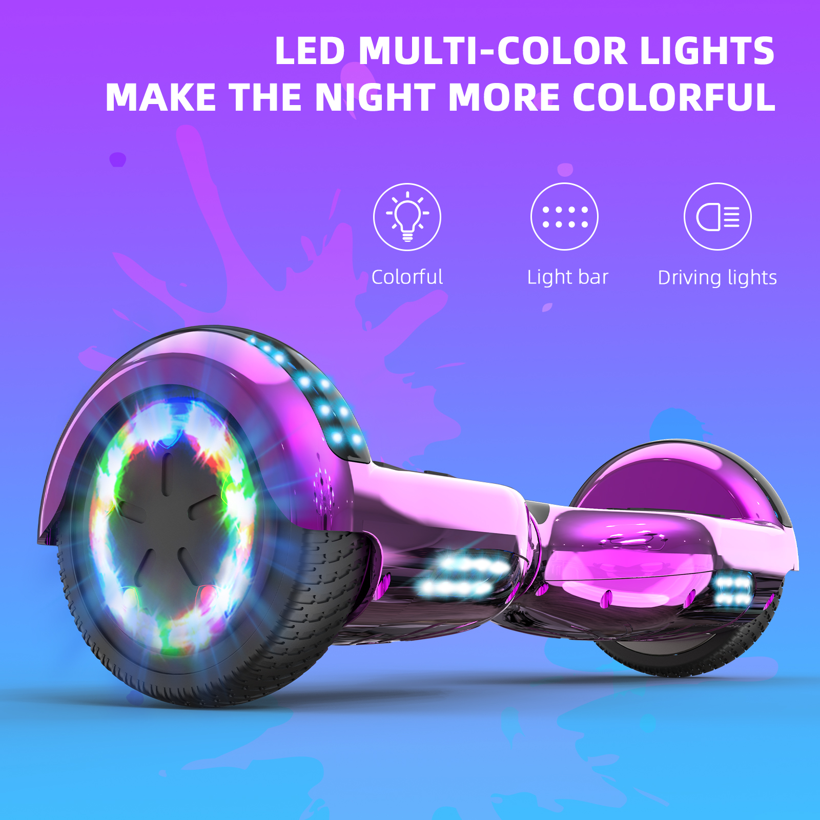 Ein pinkfarbenes Hoverboard mit bunten Lichtern vor einem lilafarbenen Hintergrund mit Text.