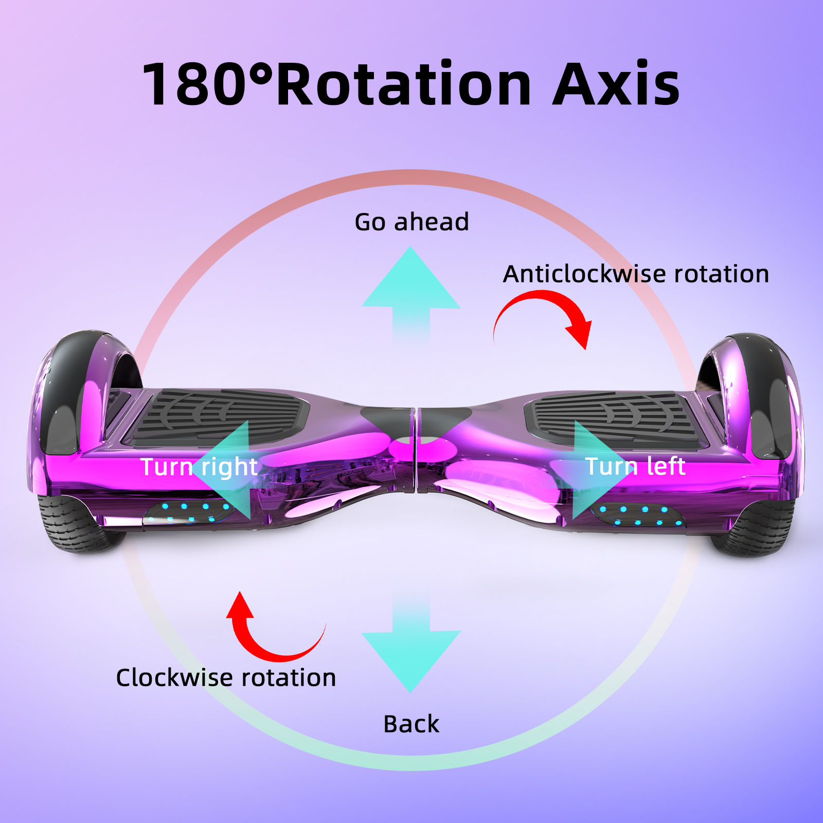 Ein lilafarbenes Hoverboard mit Pfeilen, die Richtungen wie rechts, links, zurück und vorwärts anzeigen.