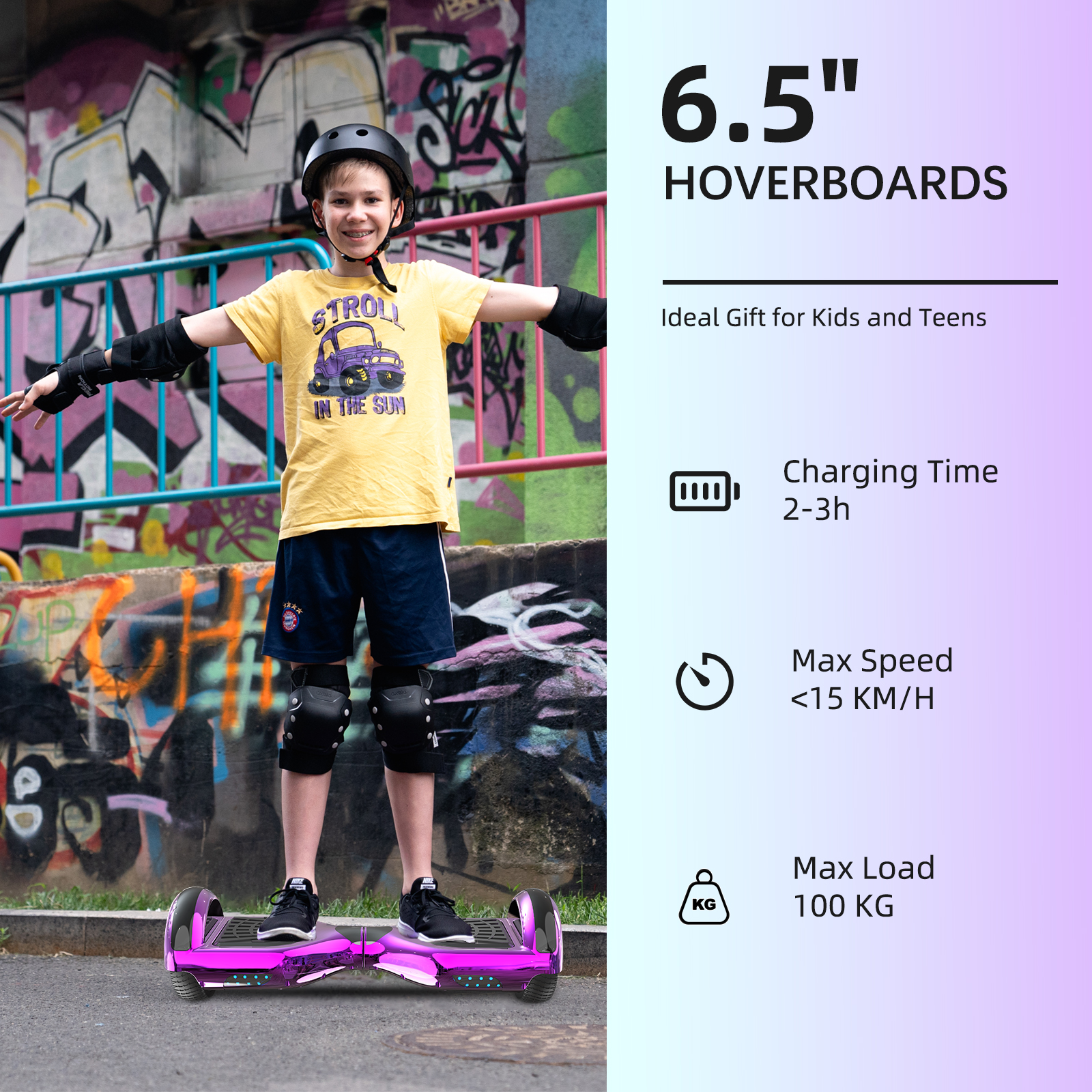 Junger Junge auf einem rosa Hoverboard. Text: 6,5" Hoverboards, Max. Geschwindigkeit und Max. Last.