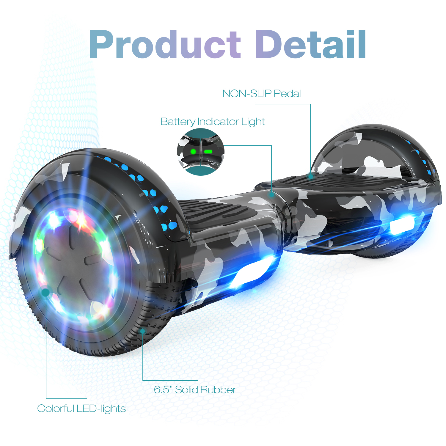 Hoverboard nero e grigio con luci LED colorate e pedale antiscivolo. Lo sfondo è bianco.