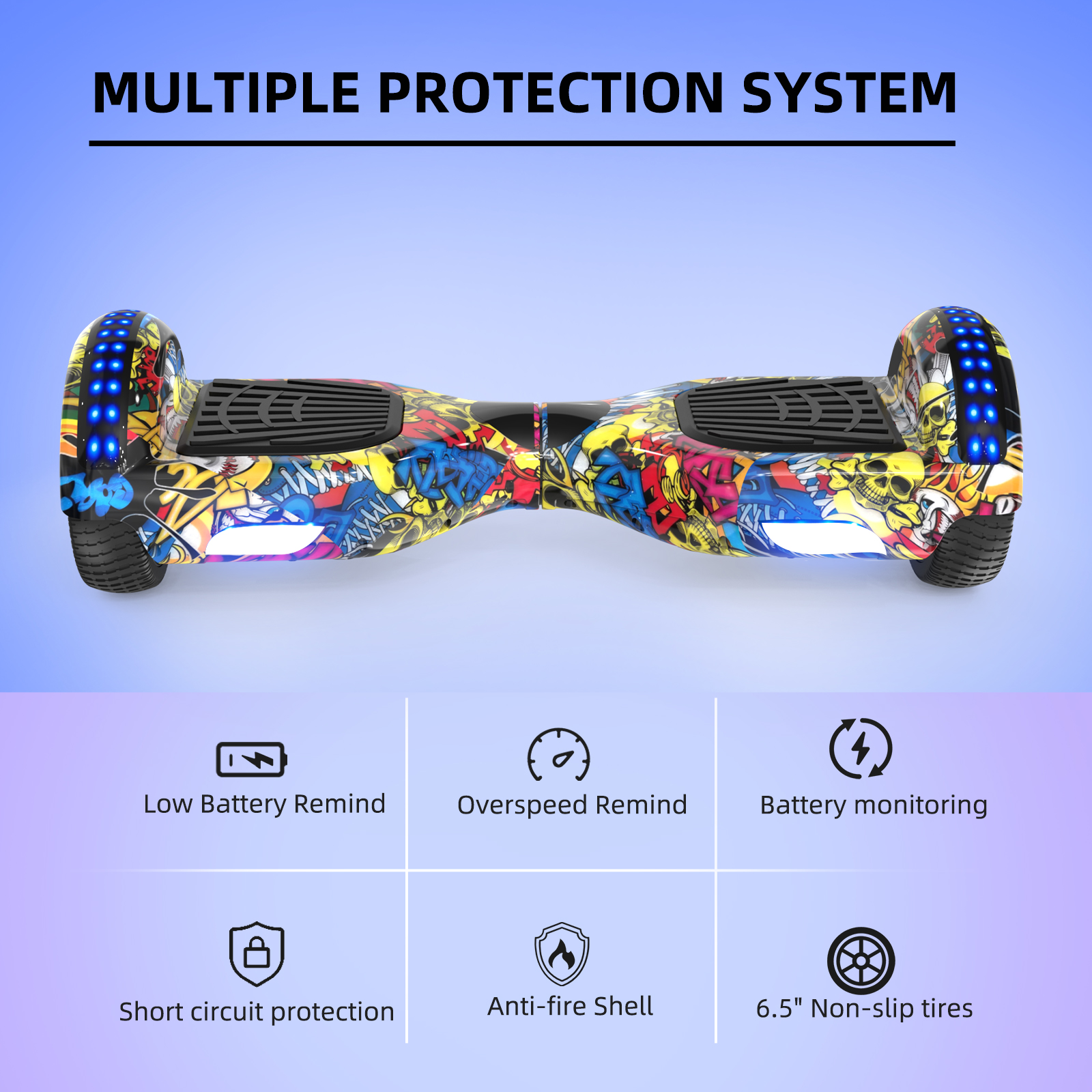 Ein mehrfarbiges Hoverboard mit verschiedenen Sicherheitssymbolen: Batterie, Übergeschwindigkeit und Kurzschluss.