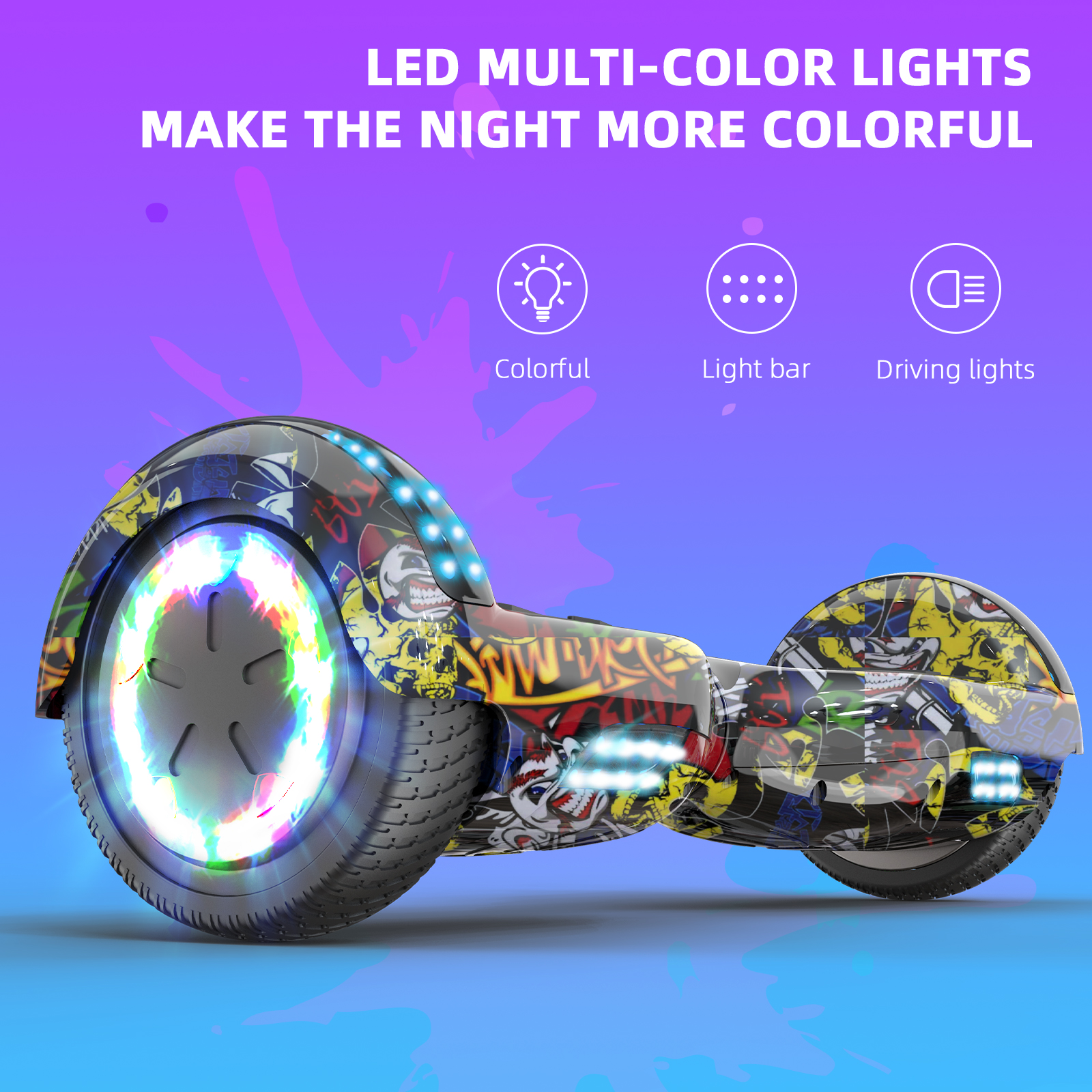 Ein buntes Hoverboard mit Lichtern und dekorativen Mustern. Es hat einen Lichtring.
