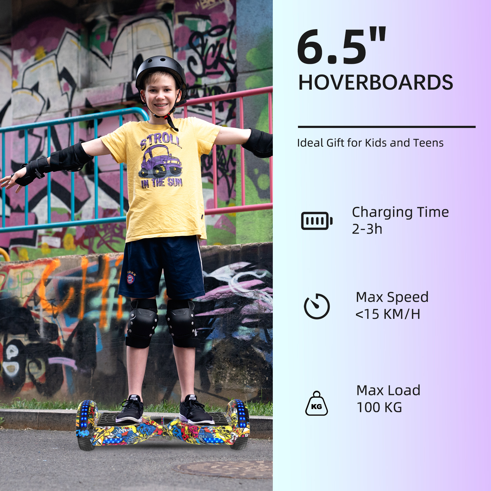 Ein Junge auf einem Hoverboard mit Schutzkleidung. Text zeigt ideales Geschenk für Kinder und Jugendliche. Auch Spezifikationen.