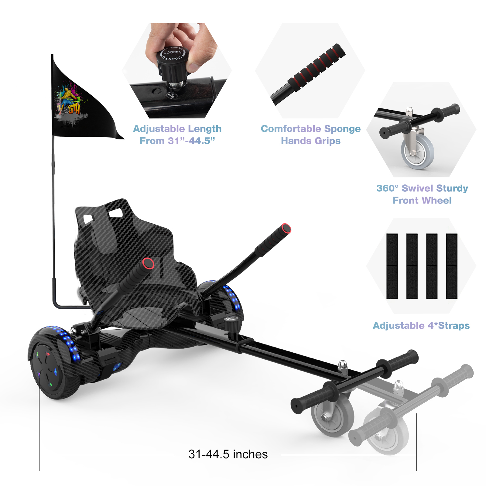 Un hoverboard con sedile, con lunghezza regolabile, impugnature comode e ruota anteriore girevole.