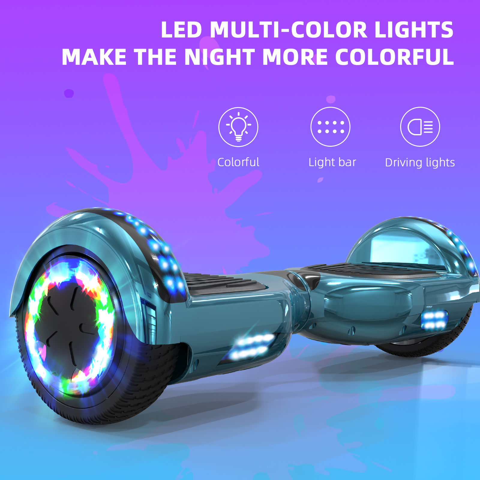 Blaues Hoverboard mit bunten Lichtern an Rädern und Front. Text: LED-Mehrfarbenlichter.
