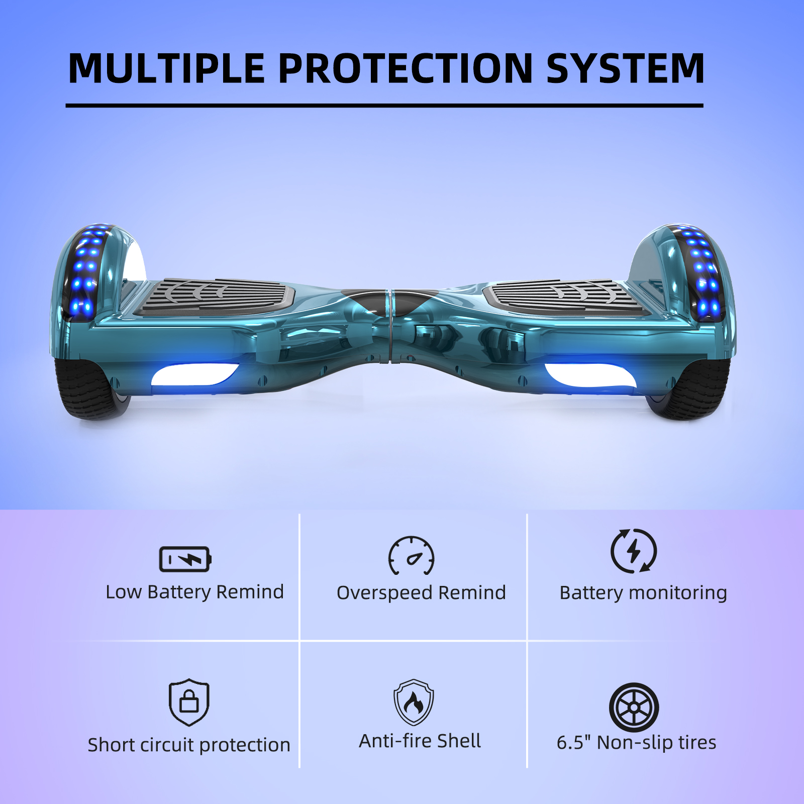 Blaues Hoverboard mit mehreren Sicherheitsmerkmalen, die mit Symbolen dargestellt werden.