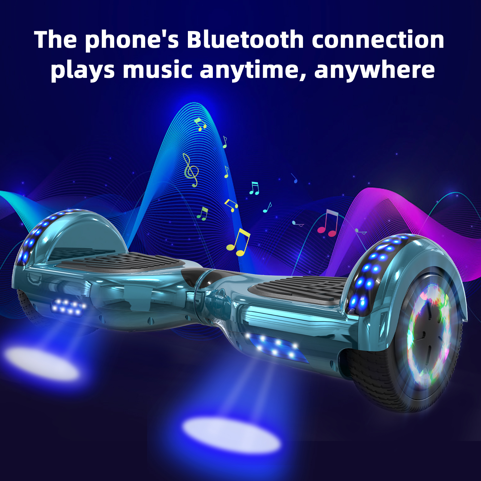 Blauer selbstausgleichender Roller mit Noten, Lichtern und blauem Hintergrund.