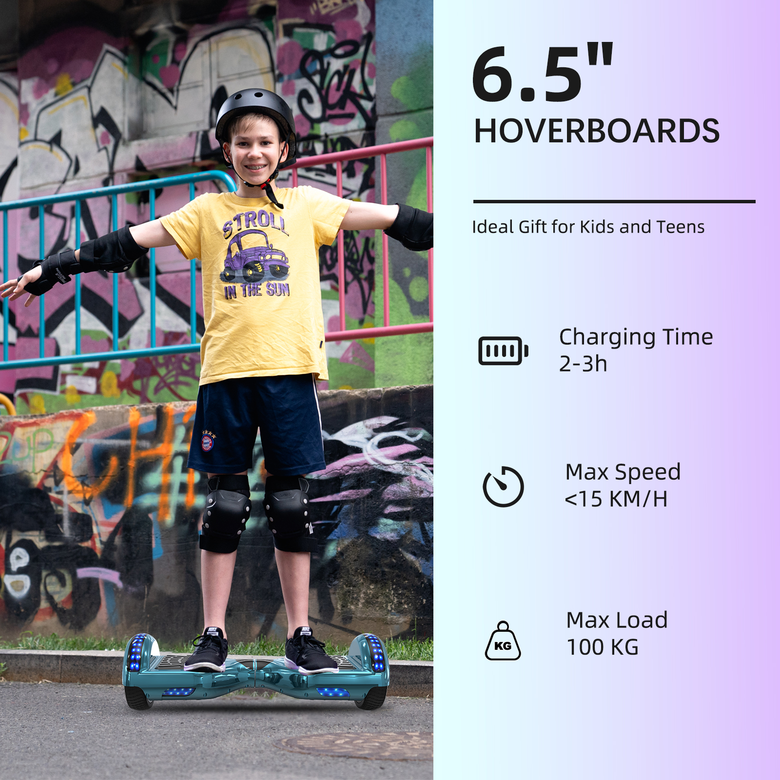 Ein Kind auf einem Hoverboard, das Schutzkleidung trägt. Informationen zu Ladezeit, Geschwindigkeit und Belastung werden gezeigt.