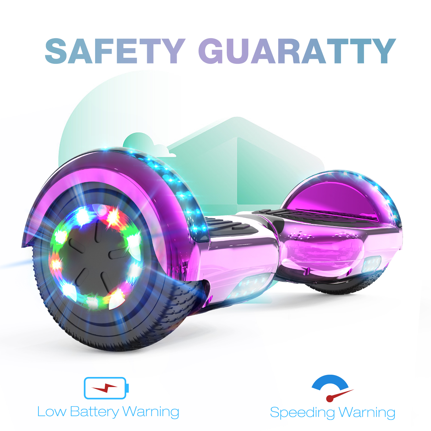 Hoverboard rosa con luci a LED, con icone di batteria scarica e avviso di velocità.