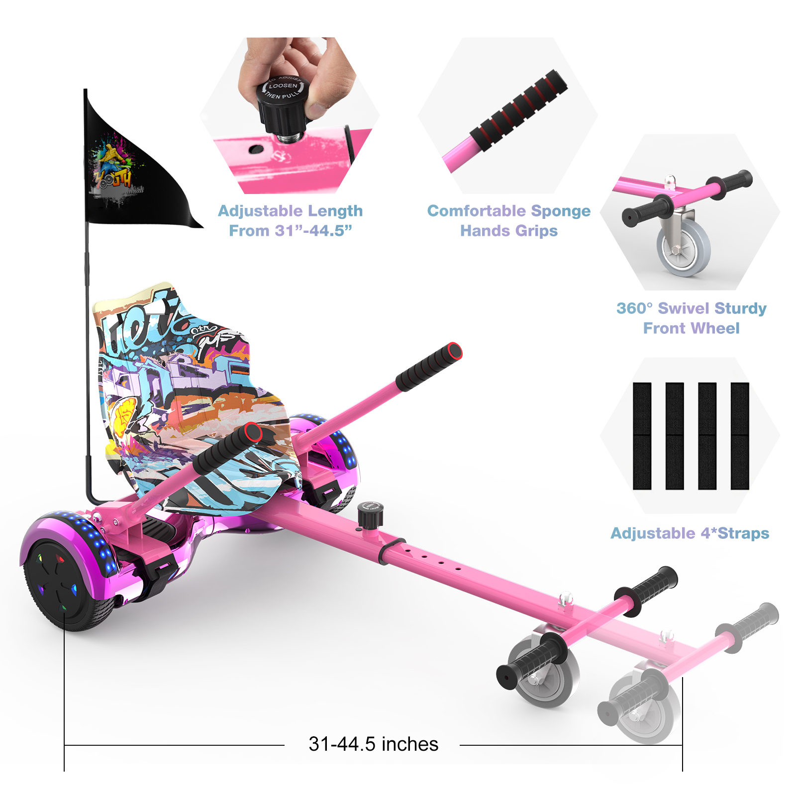 Hoverboard rosa con design graffiti, lunghezza regolabile e ruota anteriore. Impugnature e cinghie nere visibili.