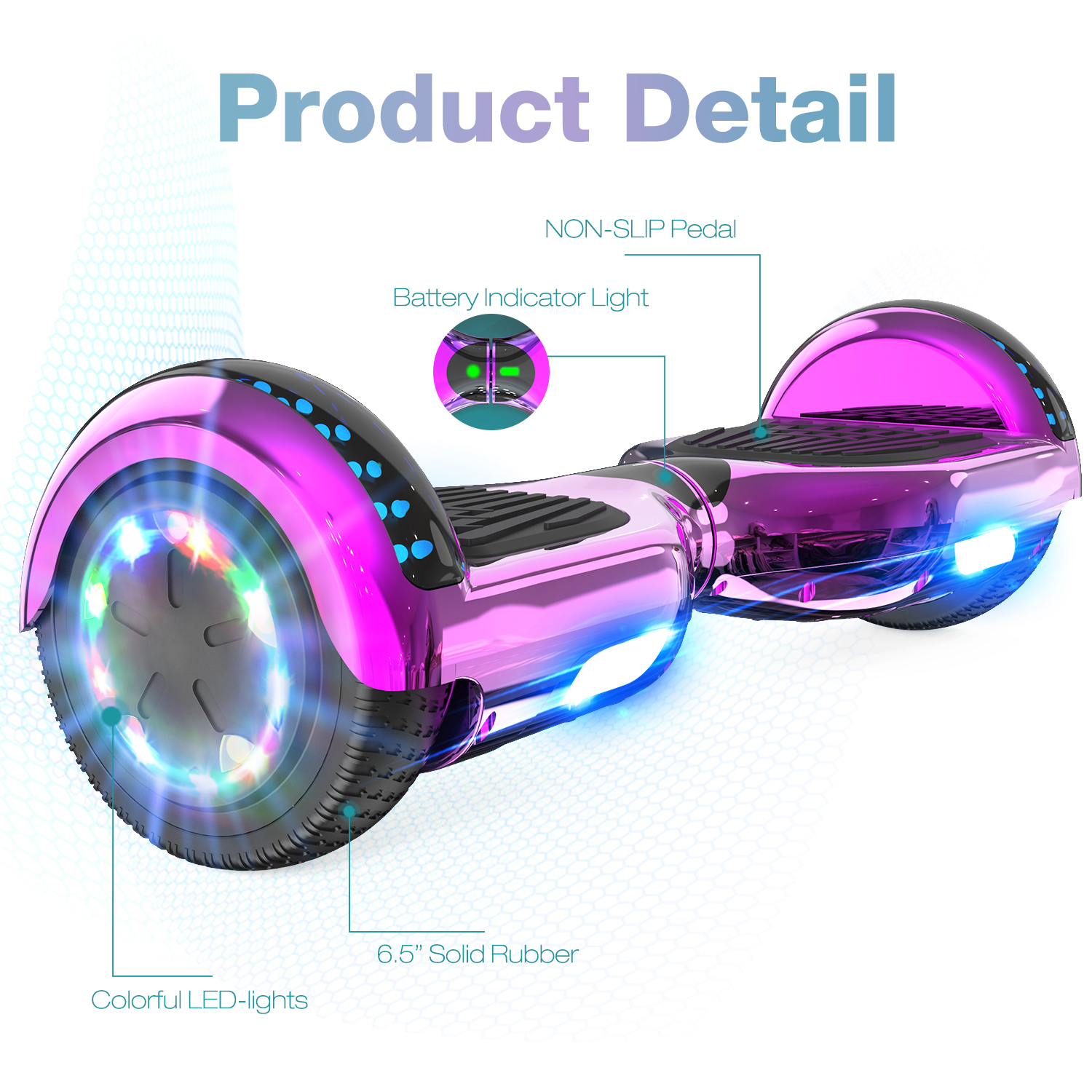 Un hoverboard rosa con luci LED colorate sulle ruote. L'immagine mostra anche dettagli come i pedali antiscivolo.
