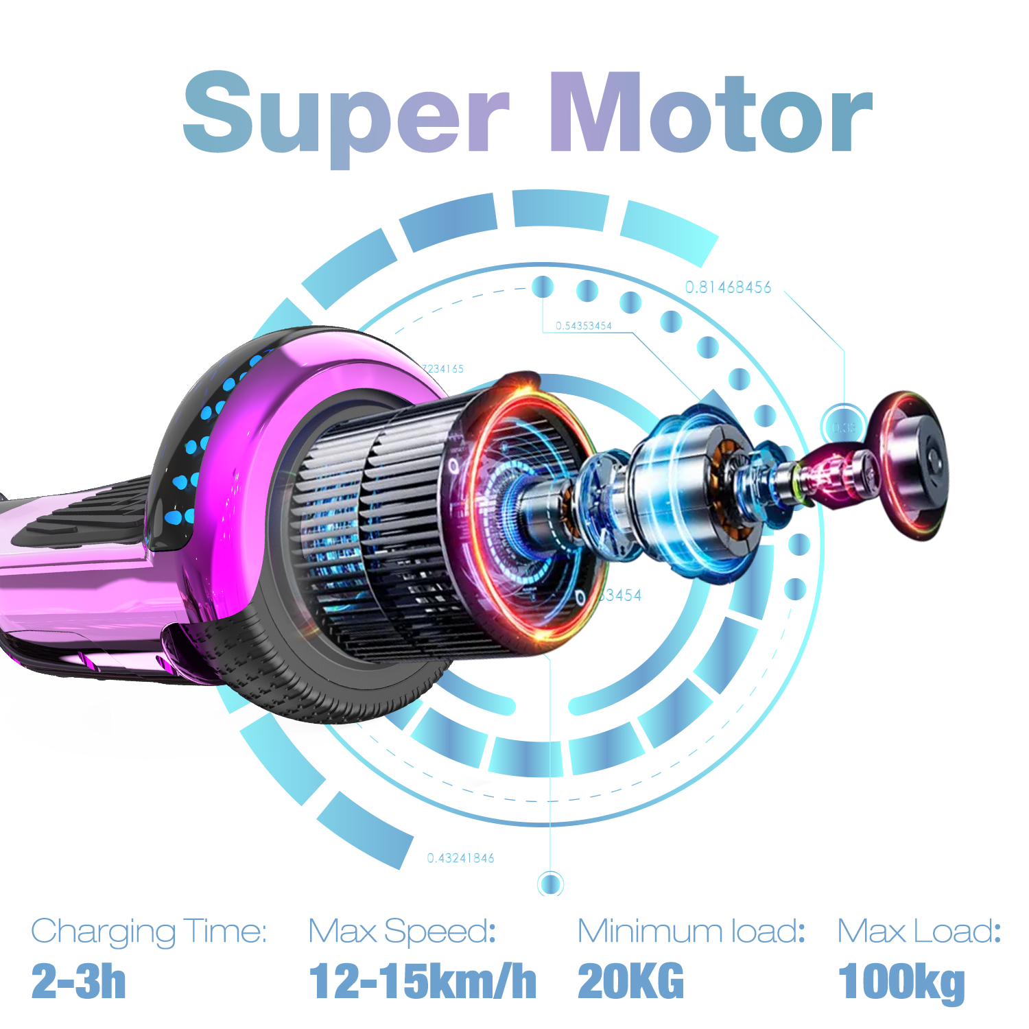 Un hoverboard con luci blu, dettagli di ricarica, velocità e carico. Schema di colori blu e viola.