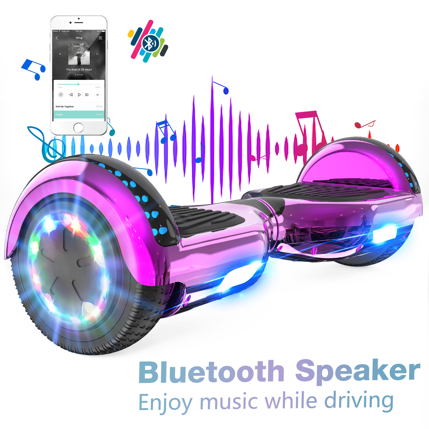 Un hoverboard rosa con luci colorate sulle ruote e uno smartphone con controlli musicali.