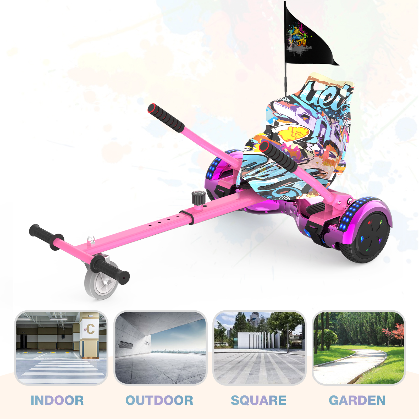 Hoverboard rosa con sedile coperto di graffiti e quattro opzioni ambientali: interno, esterno, piazza e giardino.