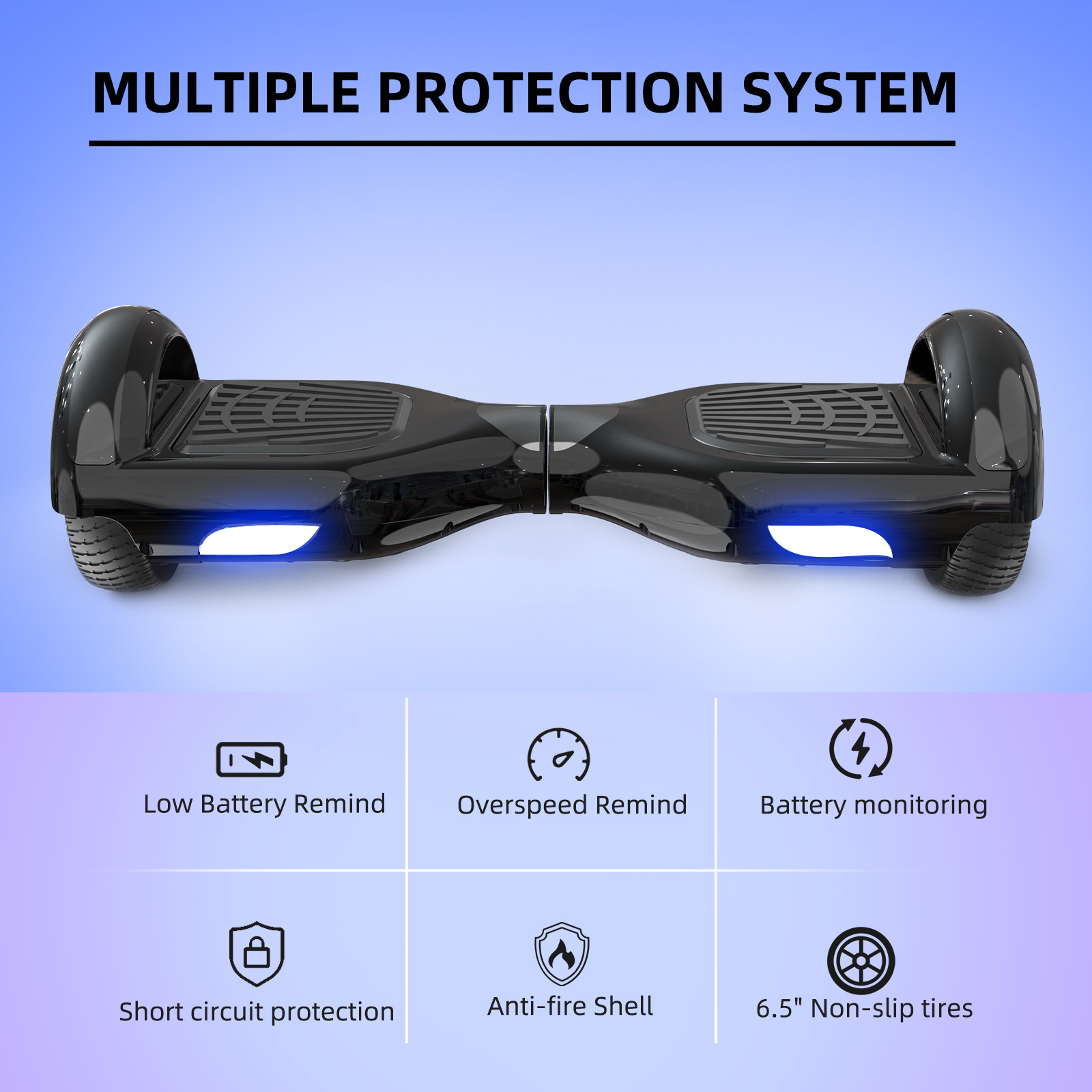 Hoverboard with multiple protection features. Black and blue color scheme.