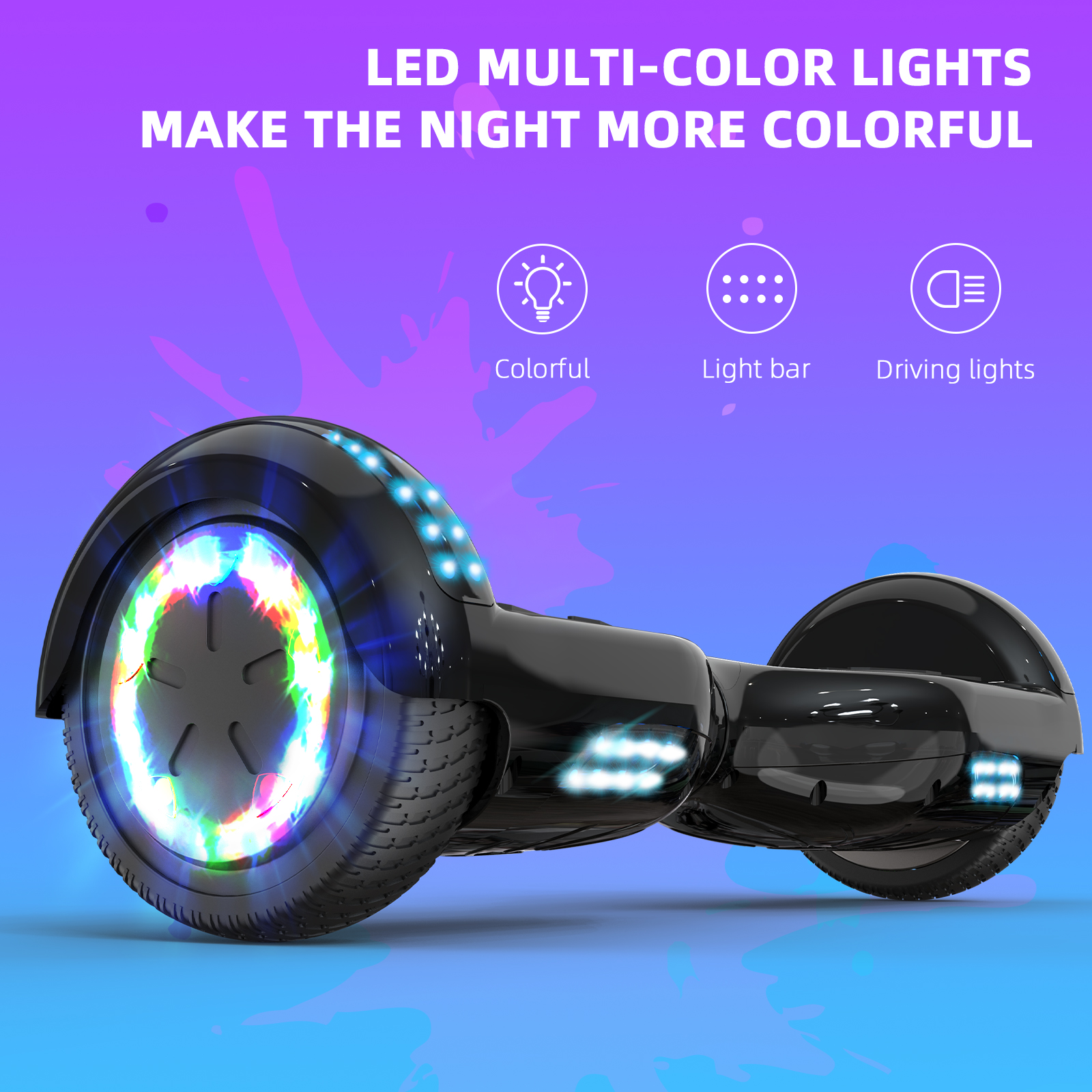A black hoverboard with colorful lights around the wheel and logos on the body.