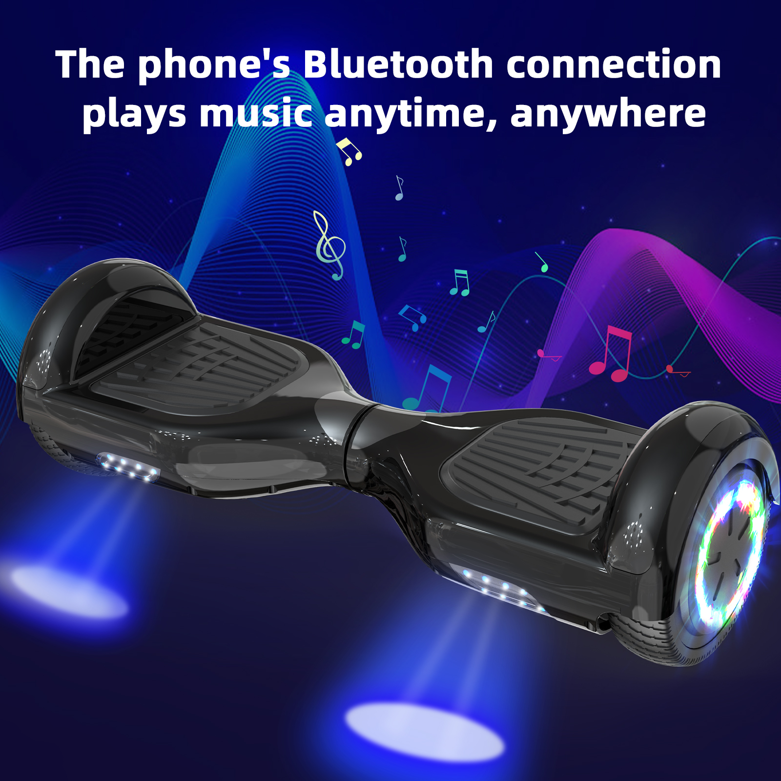 A black hoverboard with blue lights, against a dark blue background, with musical notes.