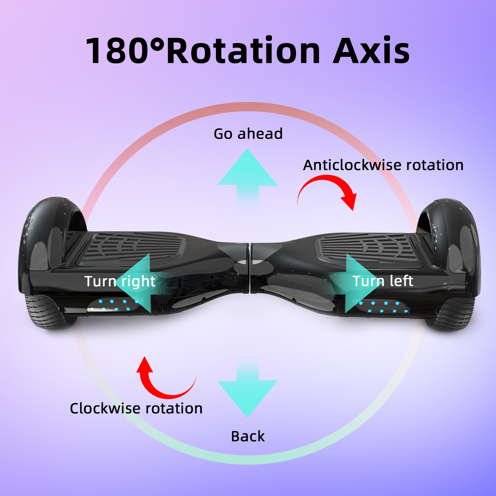 A black hoverboard with directional arrows and text describing the functions.