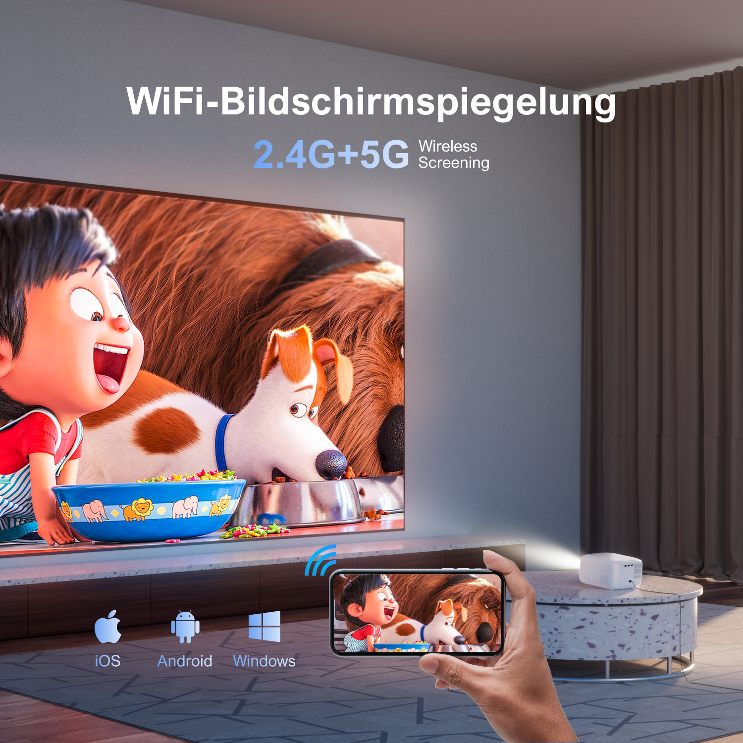 Ein Fernsehbildschirm, der einen Cartoon zeigt, mit einer Person, die ein Telefon hält, das den Bildschirm spiegelt.