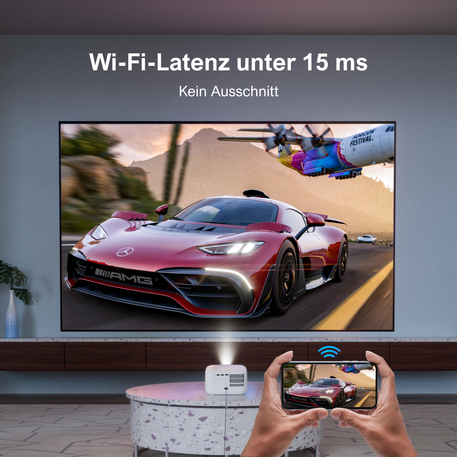 Autorennen an die Wand projiziert, per Smartphone gesteuert, mit deutschem Text.