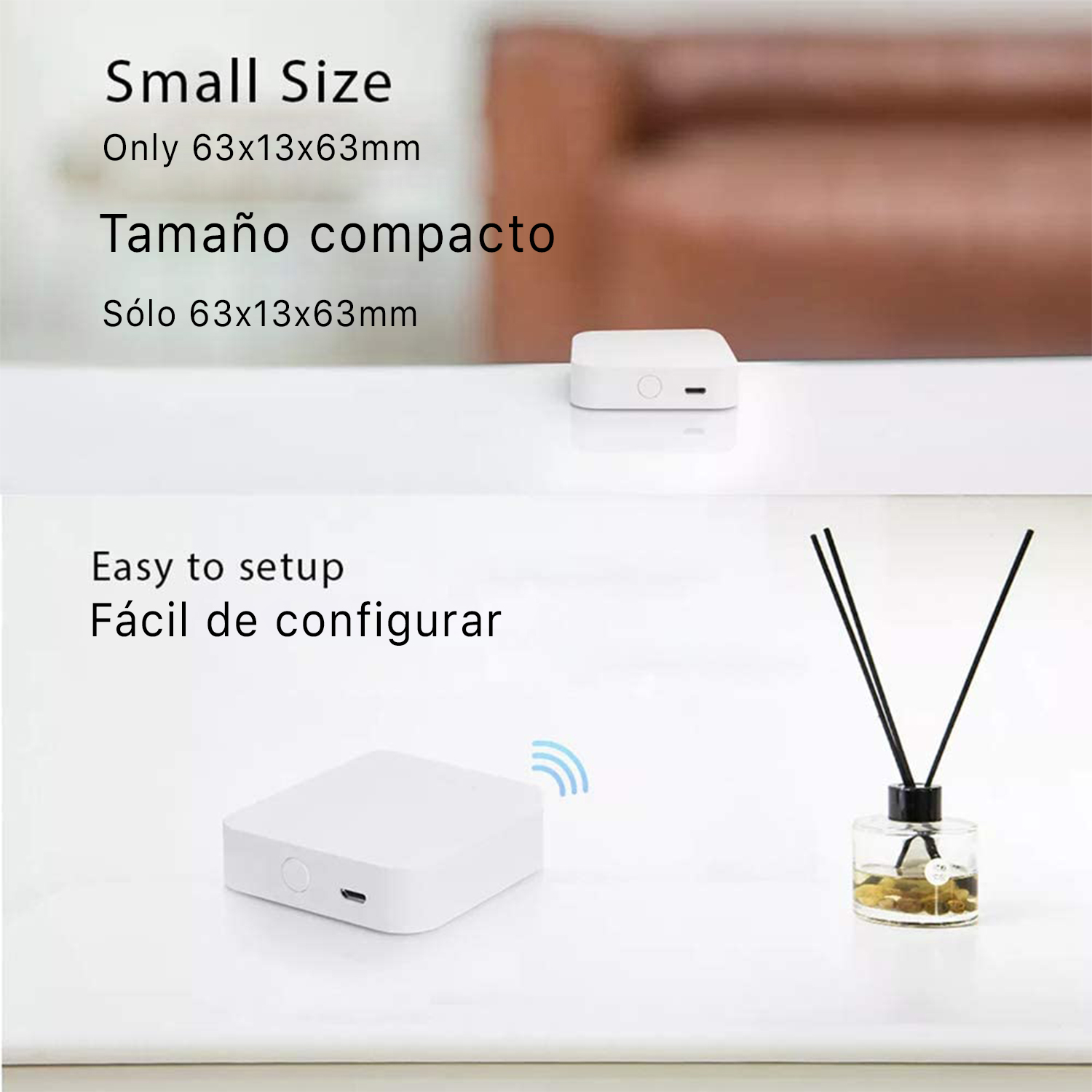Diffusore di aromi bianco con piccolo dispositivo bianco. Testo in spagnolo e inglese.