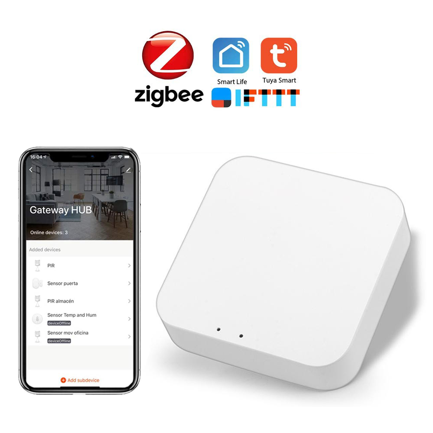 Hub per la casa intelligente, telefono che mostra l'interfaccia dell'app, con loghi Zigbee, Smart Life e Tuya Smart.