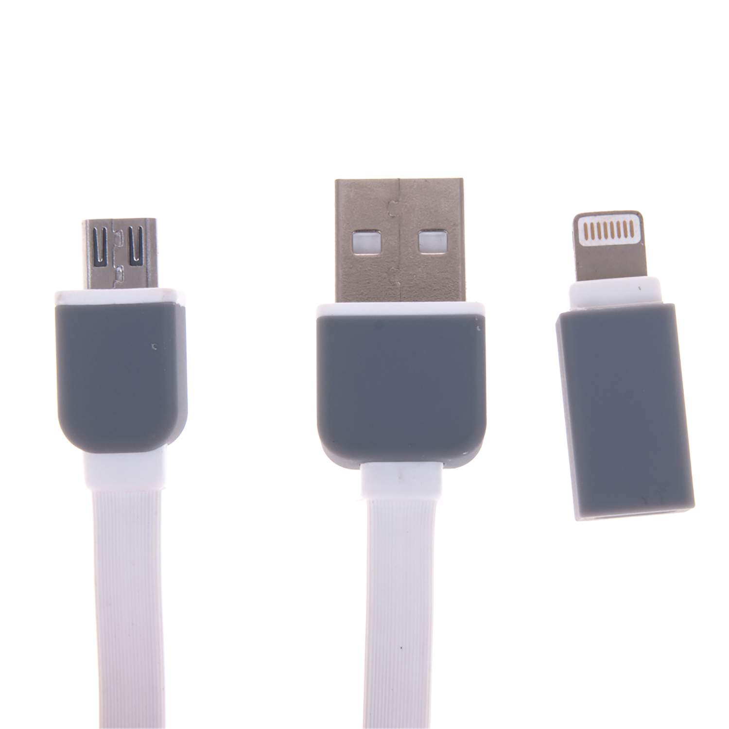 Tres cables de carga blancos con conectores grises: USB, Micro USB y Lightning.